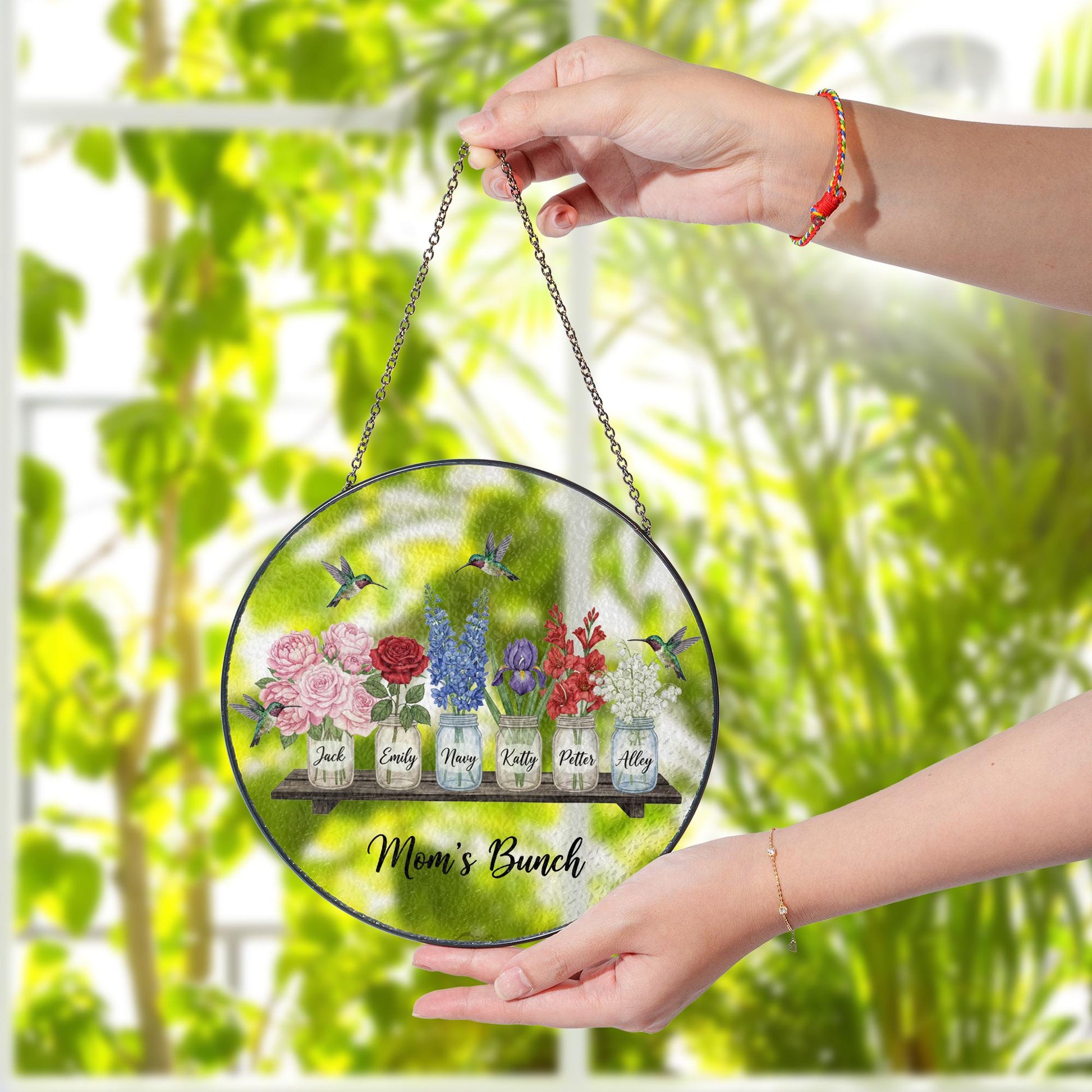 Personalized Glass Suncatcher: Mom’s Bunch Floral Window Hanging