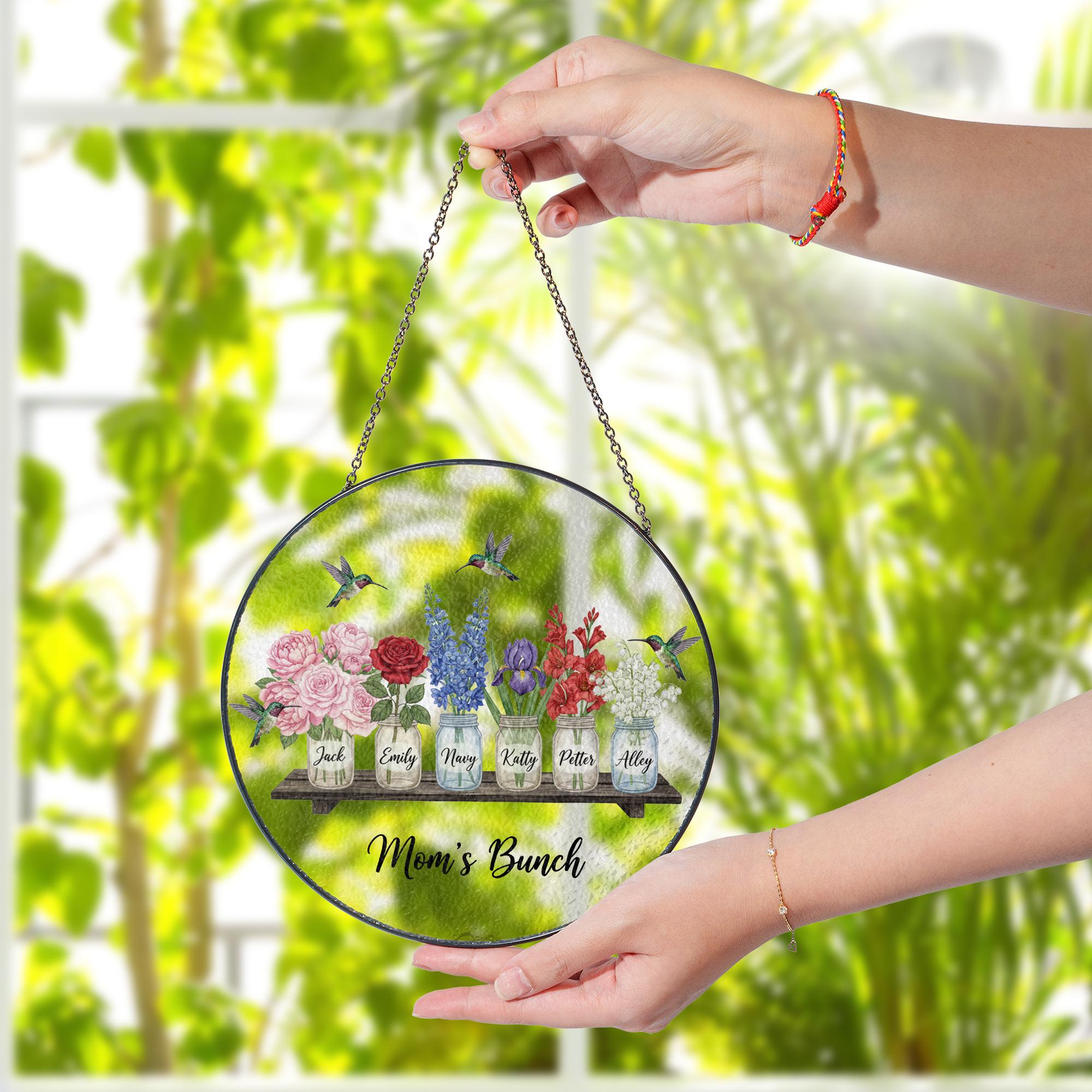 Personalized Glass Suncatcher: Mom’s Bunch Floral Window Hanging