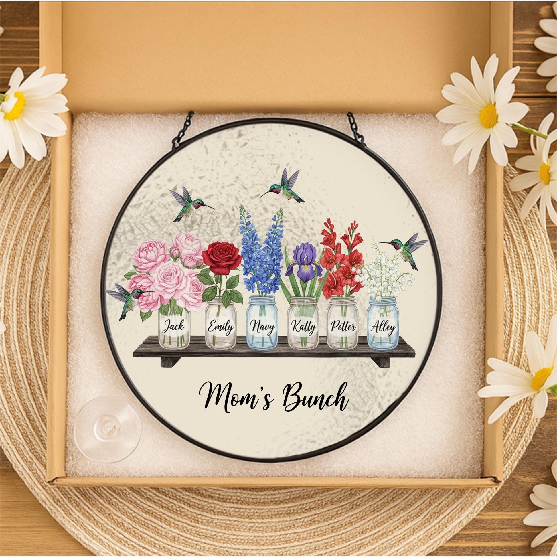 Personalized Glass Suncatcher: Mom’s Bunch Floral Window Hanging