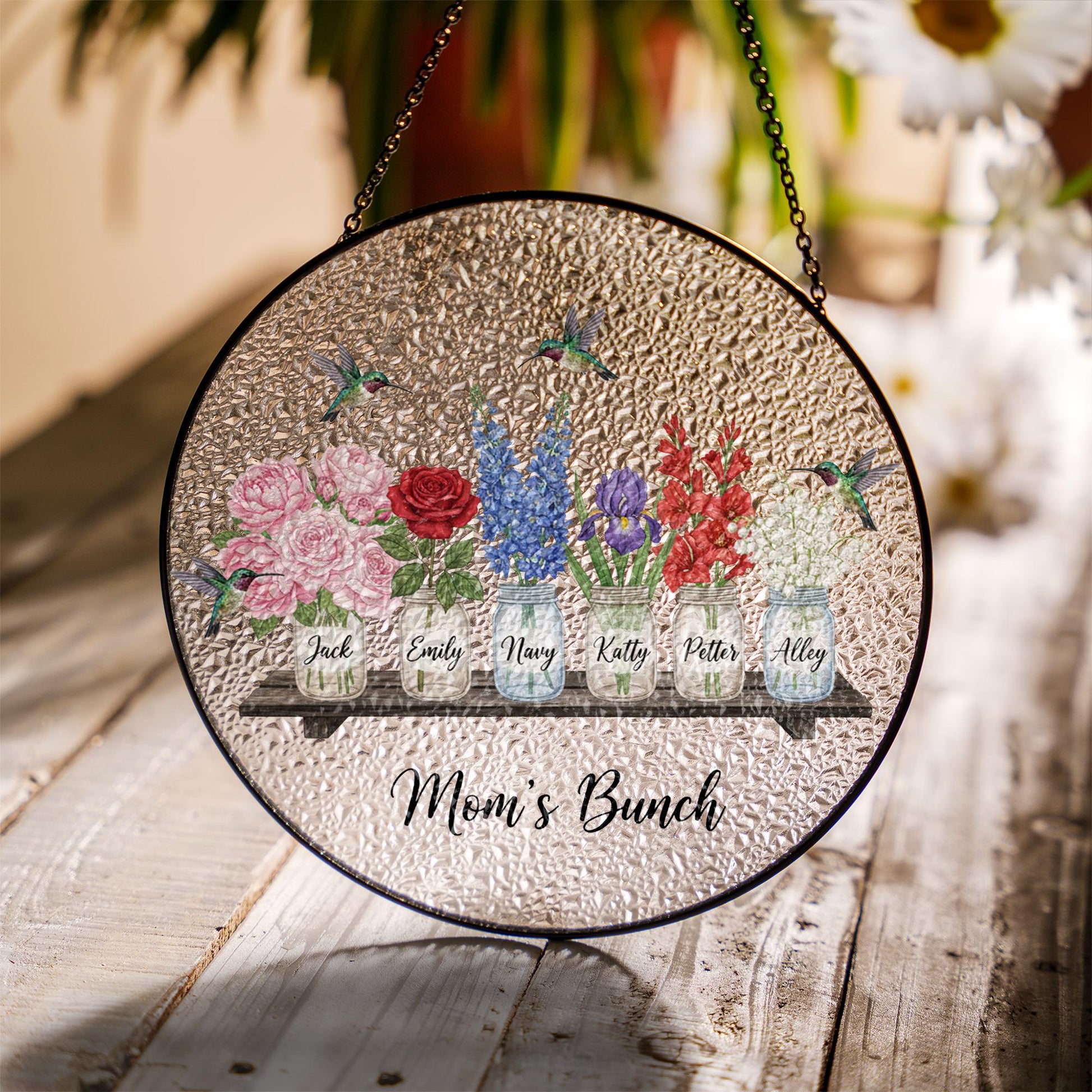 Personalized Glass Suncatcher: Mom’s Bunch Floral Window Hanging