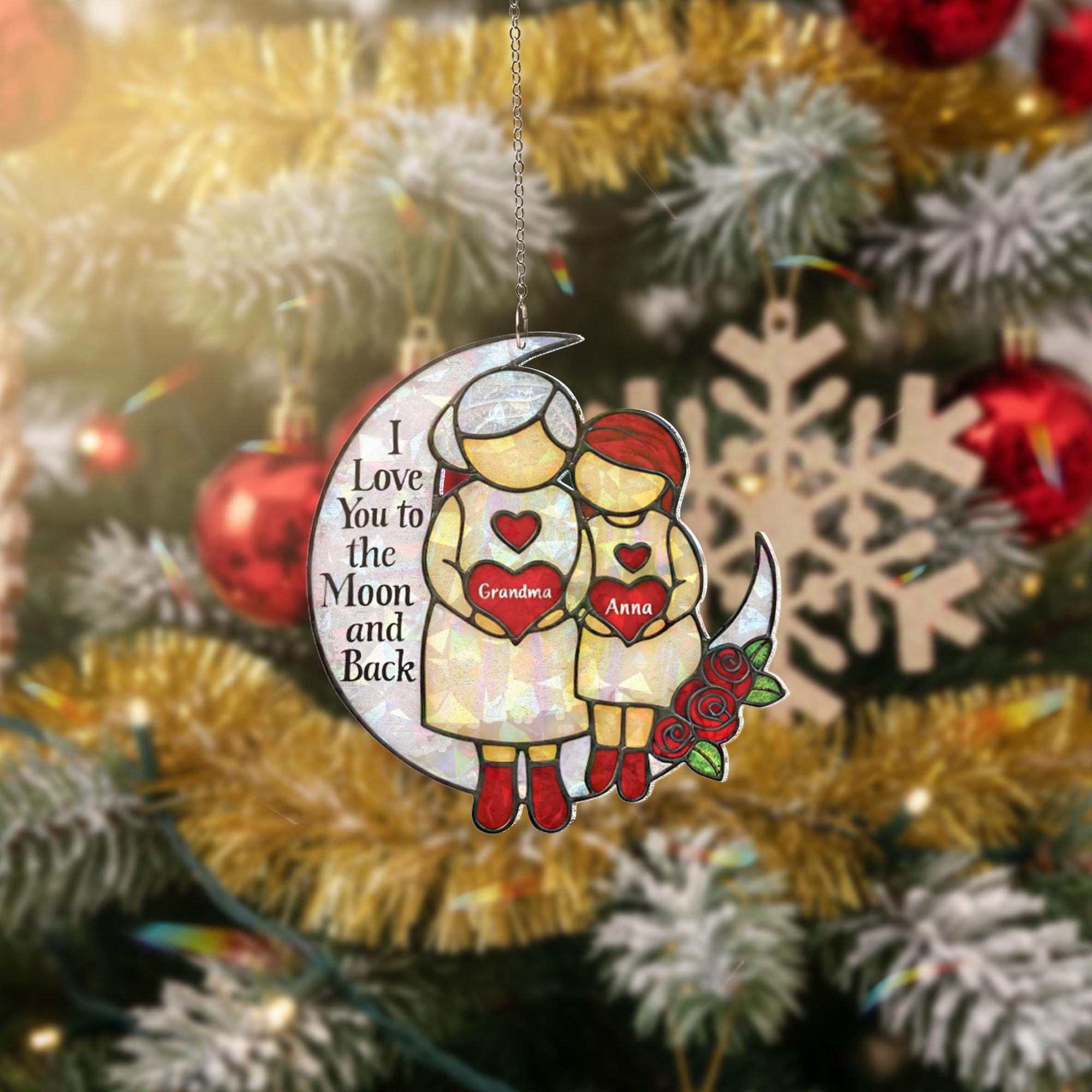 Christmas Hologram Ornament for Grandma: Personalized Crescent Moon Keepsake, Holiday Tree Decor