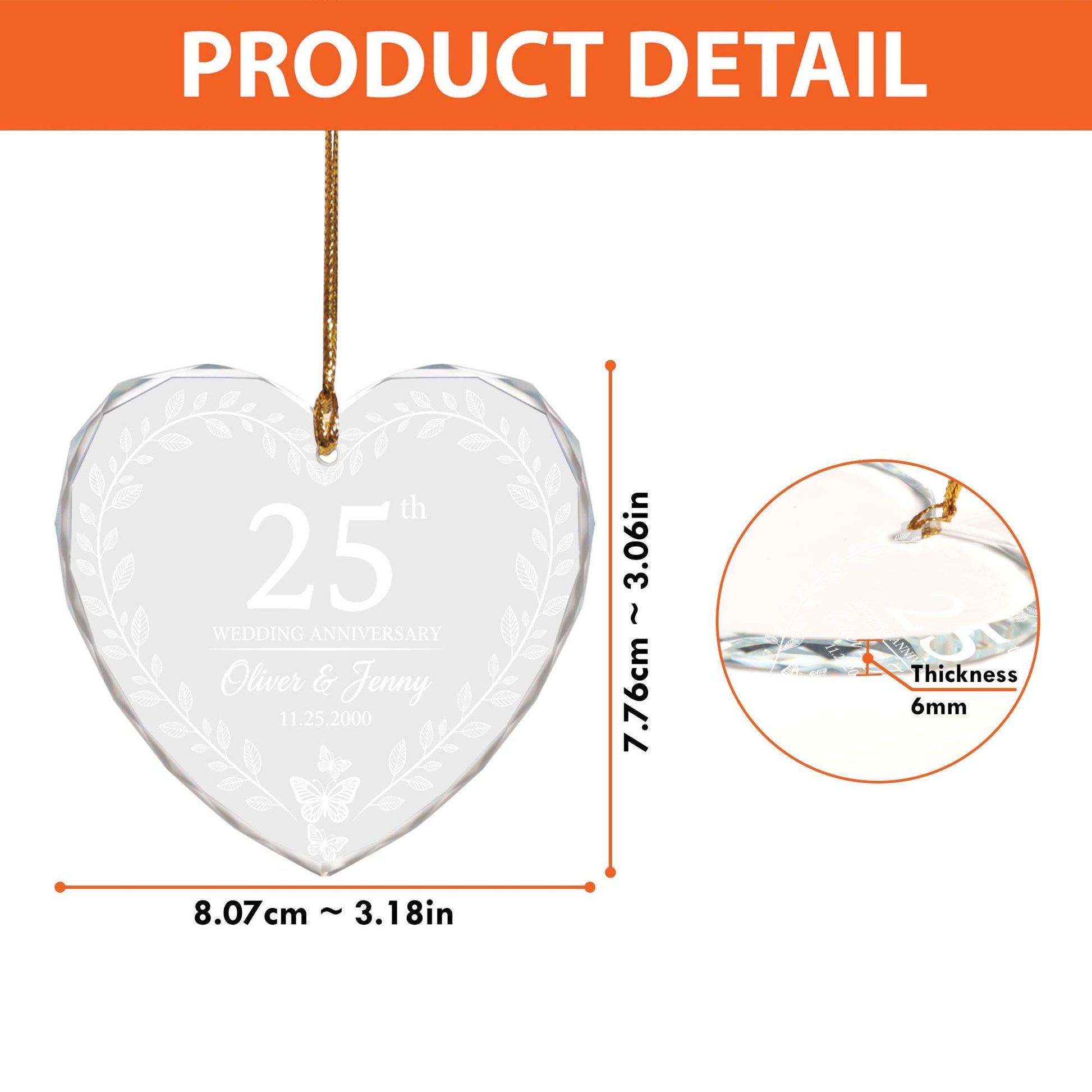 Personalized Glass Anniversary Ornament – Wedding Heart Keepsake