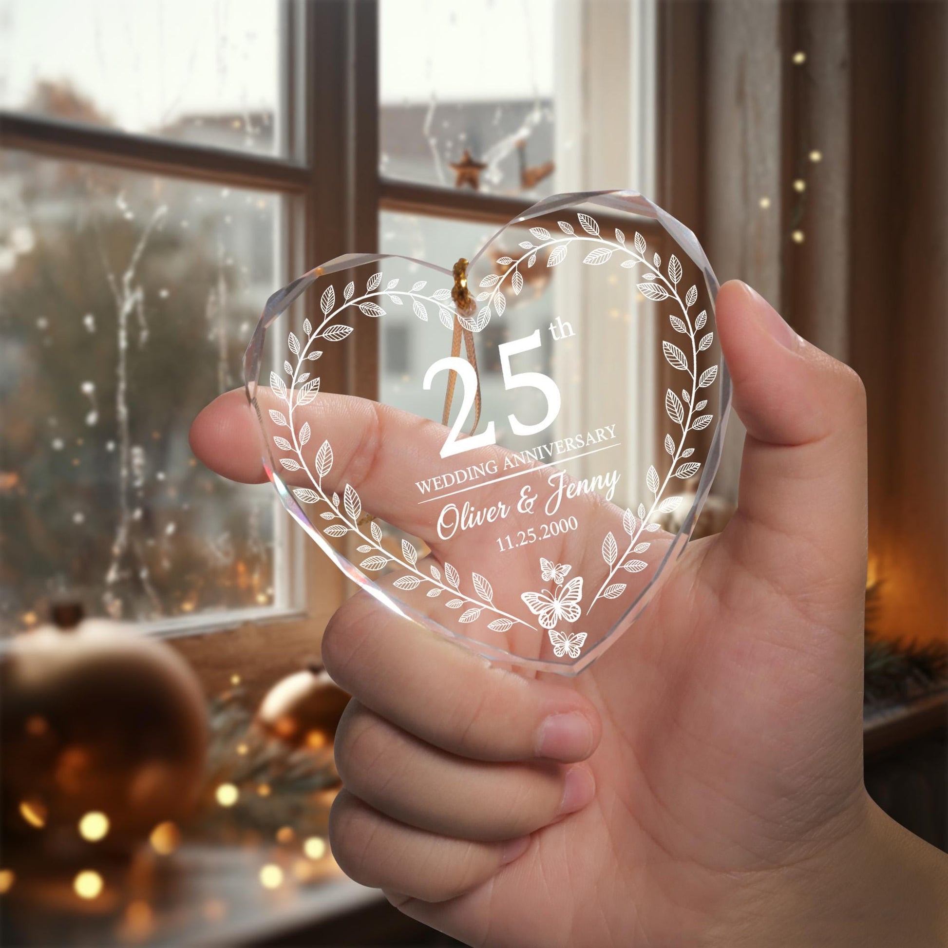 Personalized Glass Anniversary Ornament – Wedding Heart Keepsake