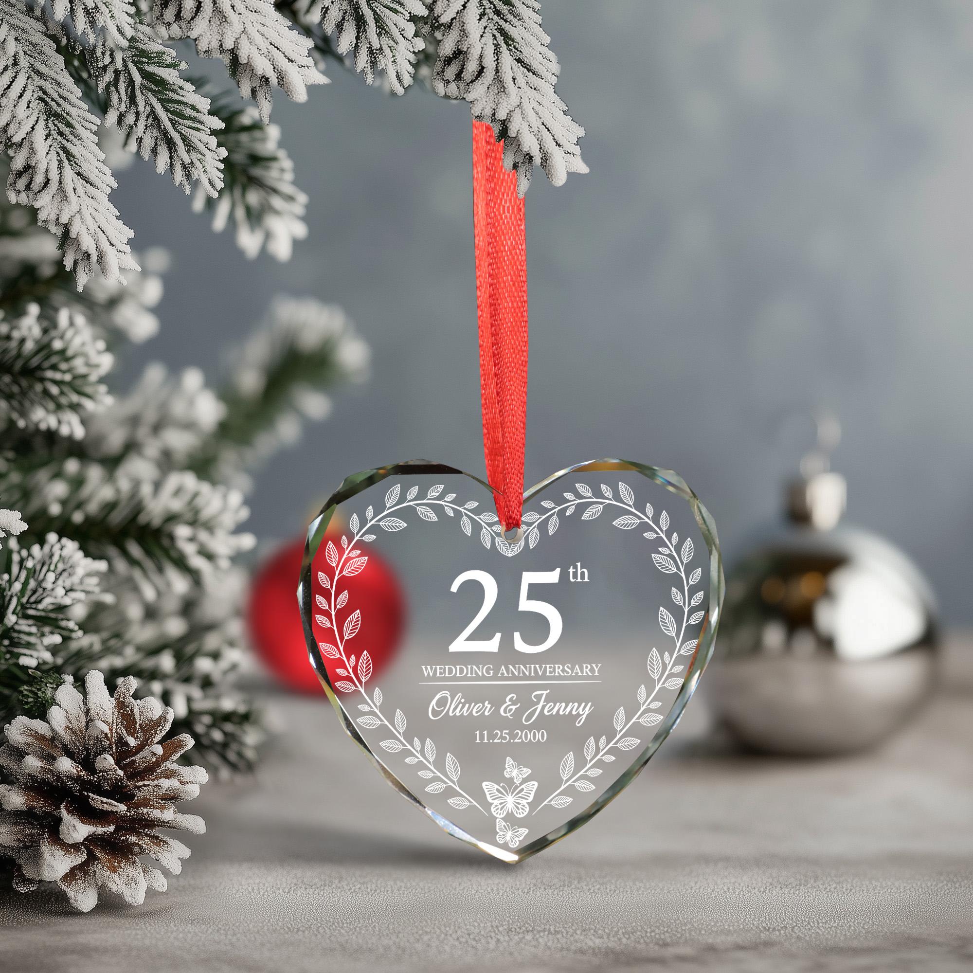 Personalized Glass Anniversary Ornament – Wedding Heart Keepsake