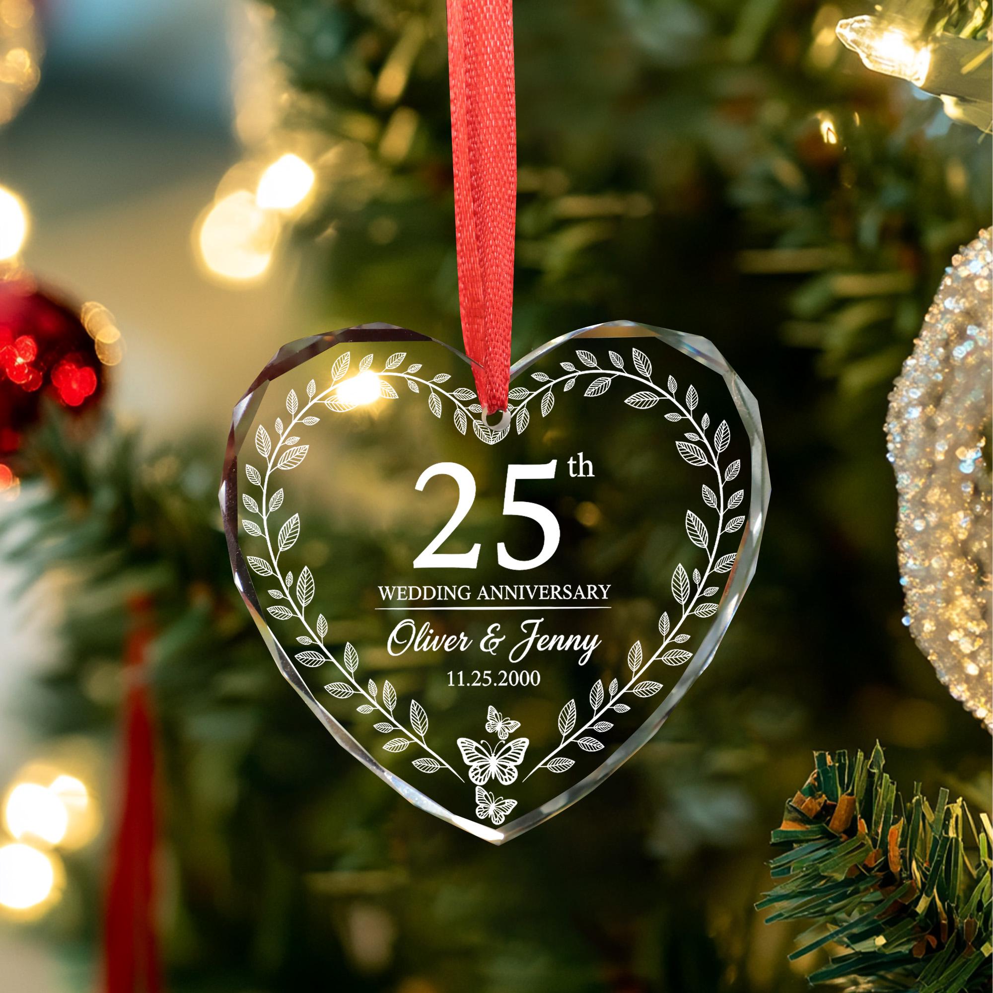 Personalized Glass Anniversary Ornament – Wedding Heart Keepsake