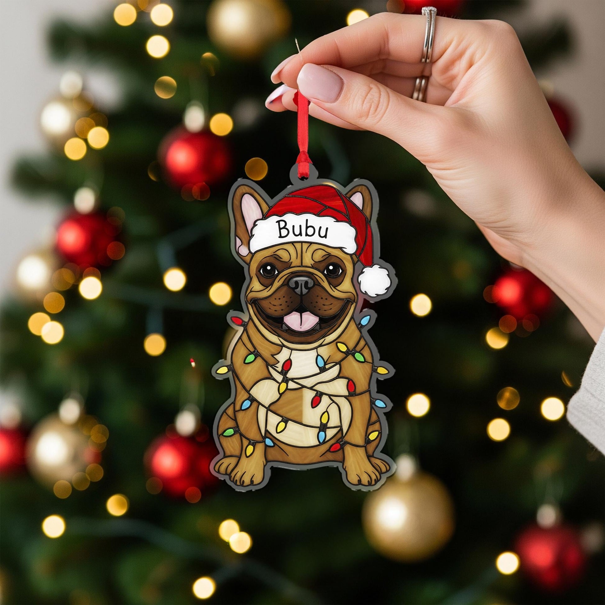 Custom Dog Christmas Ornament – Personalized French Bulldog with Santa Hat & Lights, Pet Name Decoration