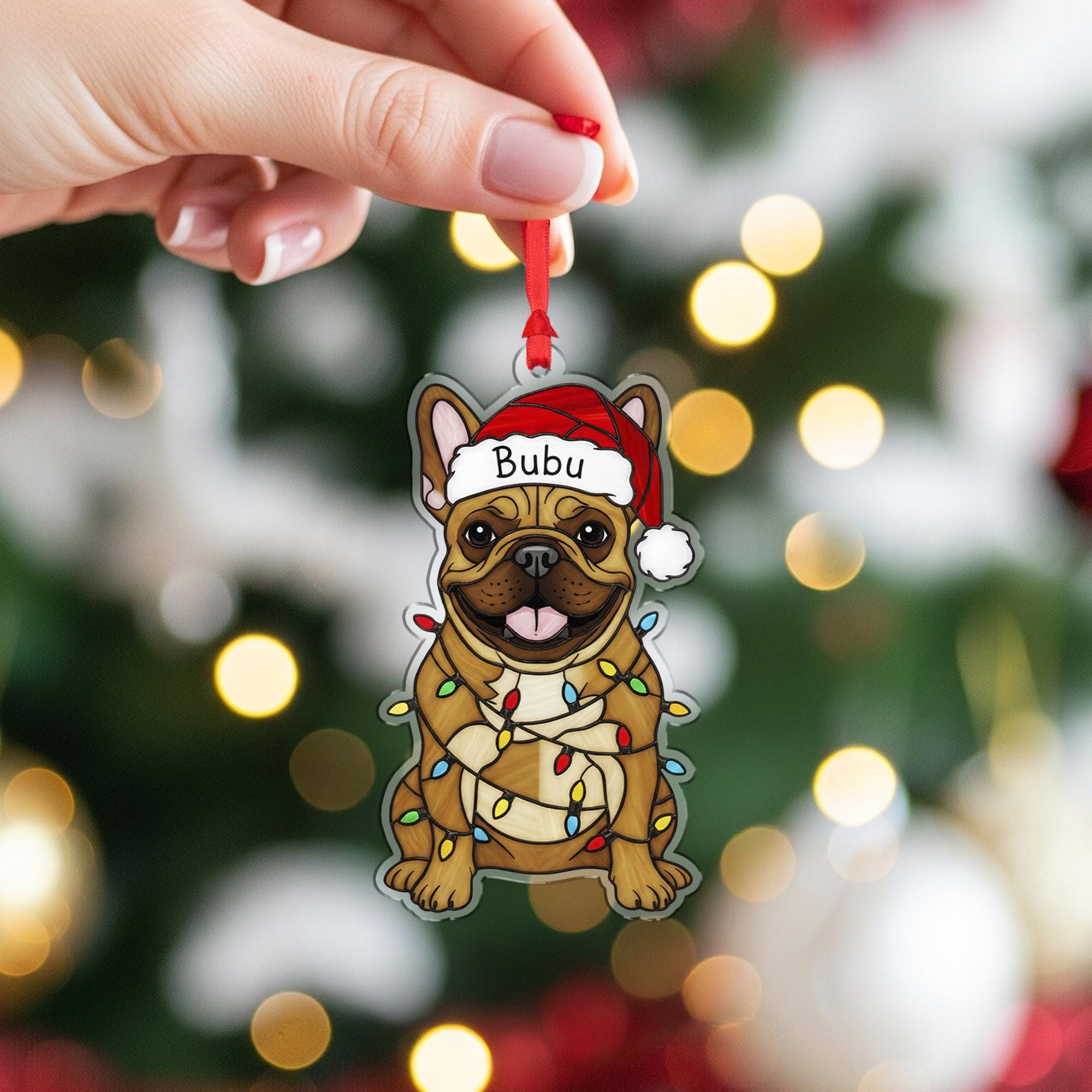 Custom Dog Christmas Ornament – Personalized French Bulldog with Santa Hat & Lights, Pet Name Decoration