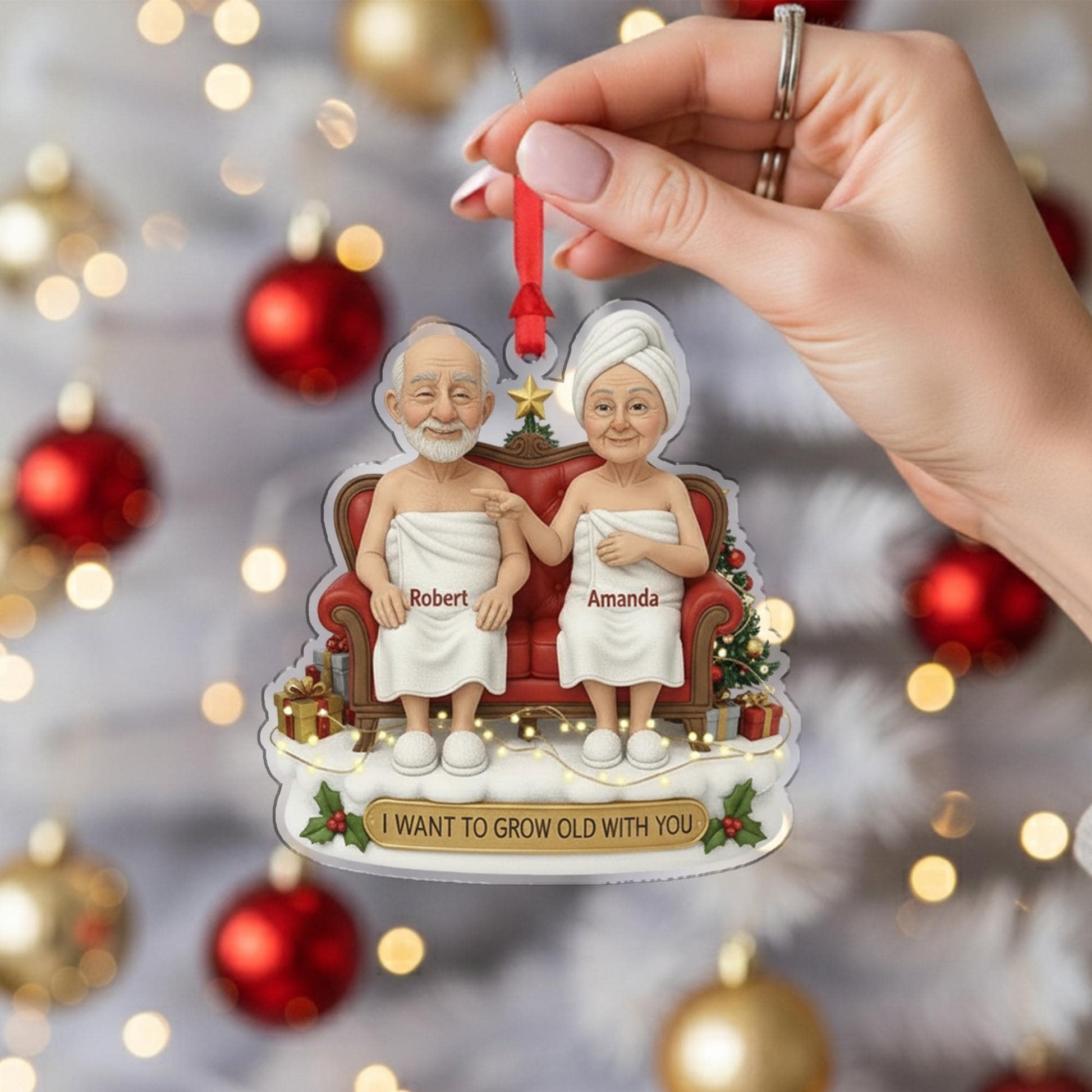 Custom Couple Christmas Ornament – Personalized Older Couple on Couch Decoration, Holiday Keepsake with Names