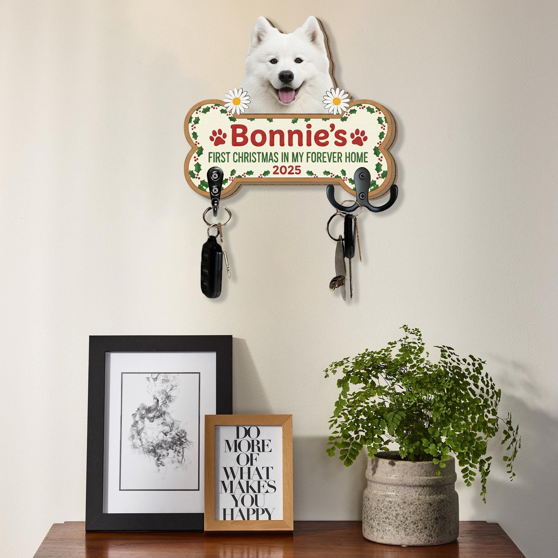 Personalized Dog Bone Key Holder: Custom Pet Name, Wooden Leash Hook