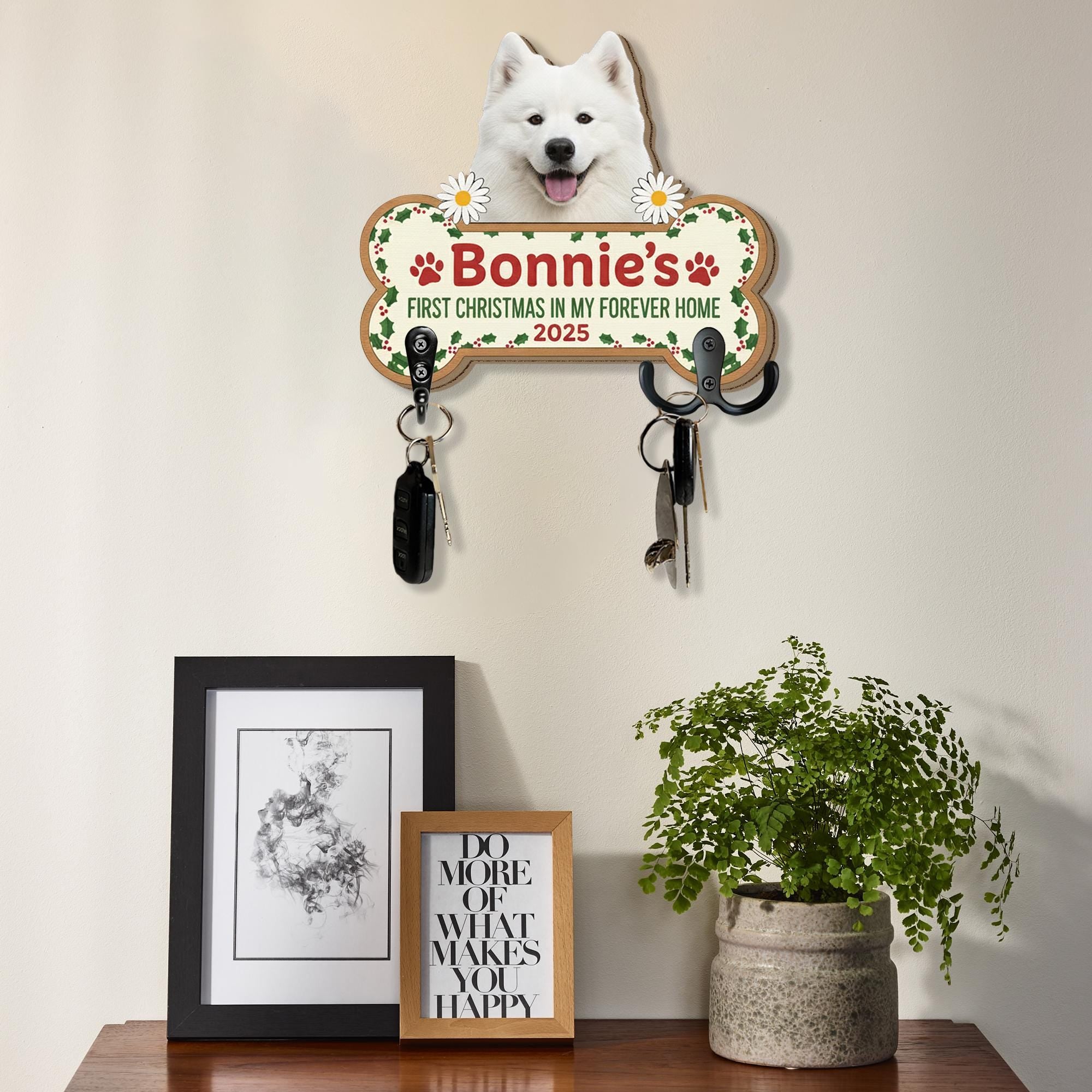 Personalized Dog Bone Key Holder: Custom Pet Name, Wooden Leash Hook