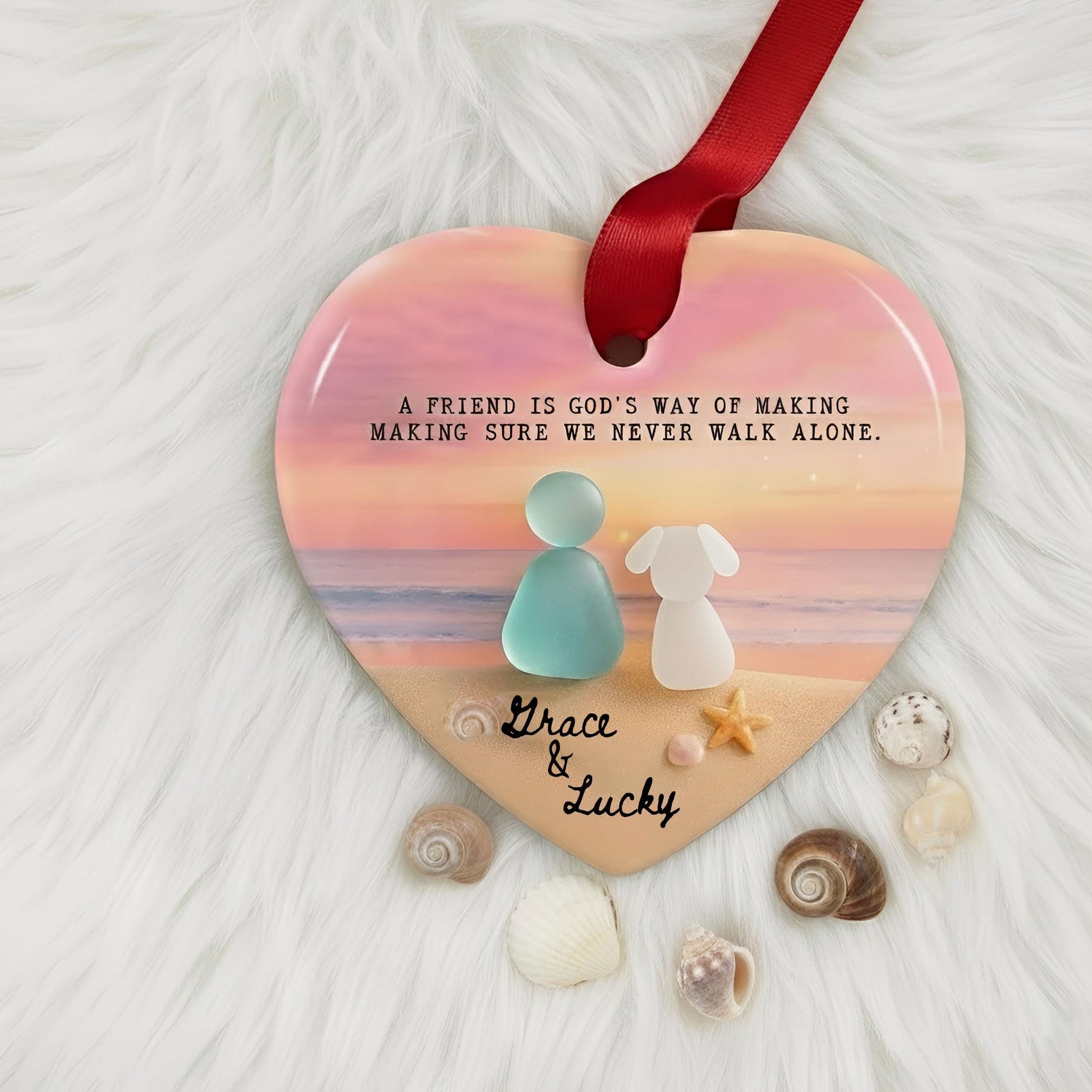 Custom Dog Mom Beach Sea Glass Ornament: Heart-Shaped Ceramic Keepsake, Personalized Pet & Owner Gift
