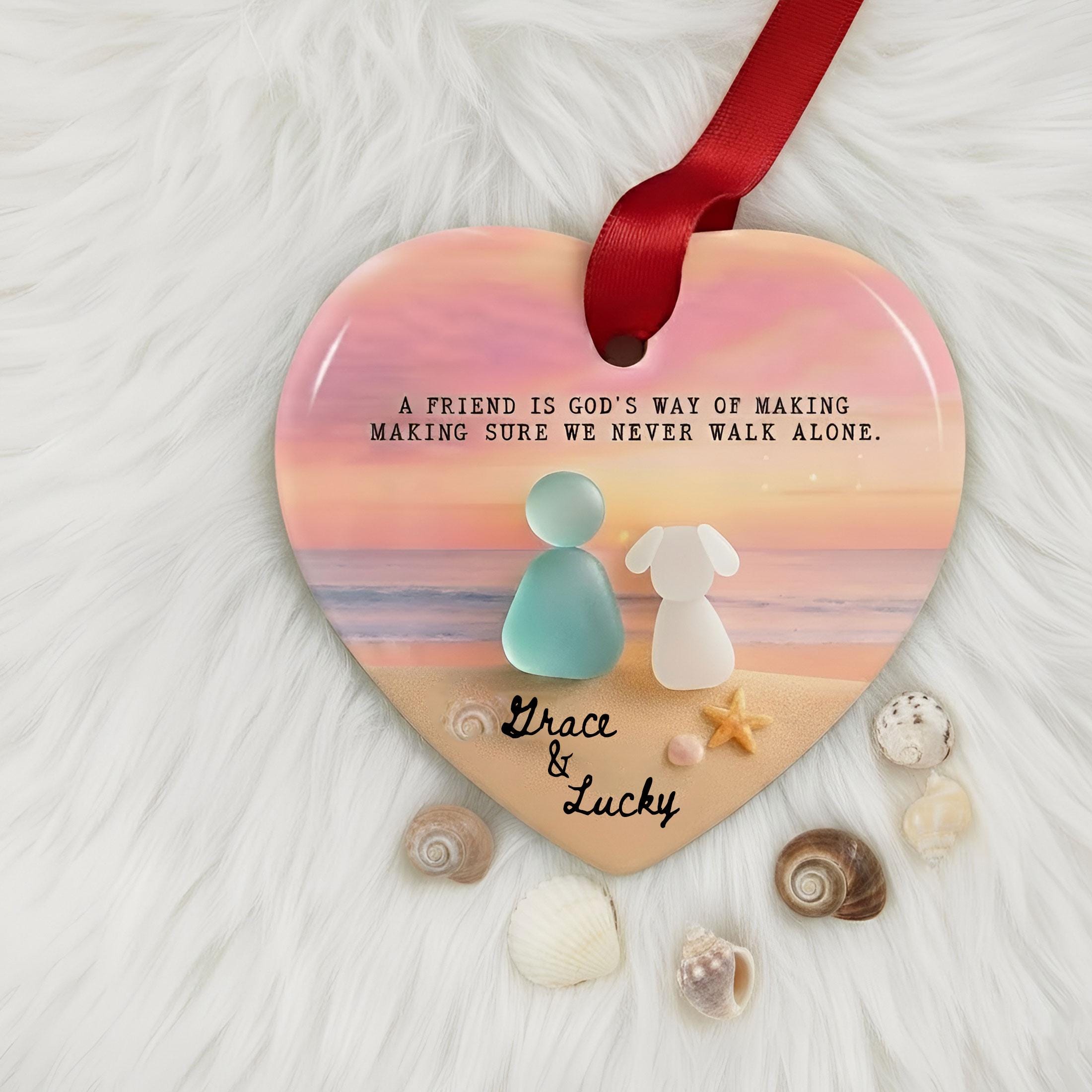 Custom Dog Mom Beach Sea Glass Ornament: Heart-Shaped Ceramic Keepsake, Personalized Pet & Owner Gift