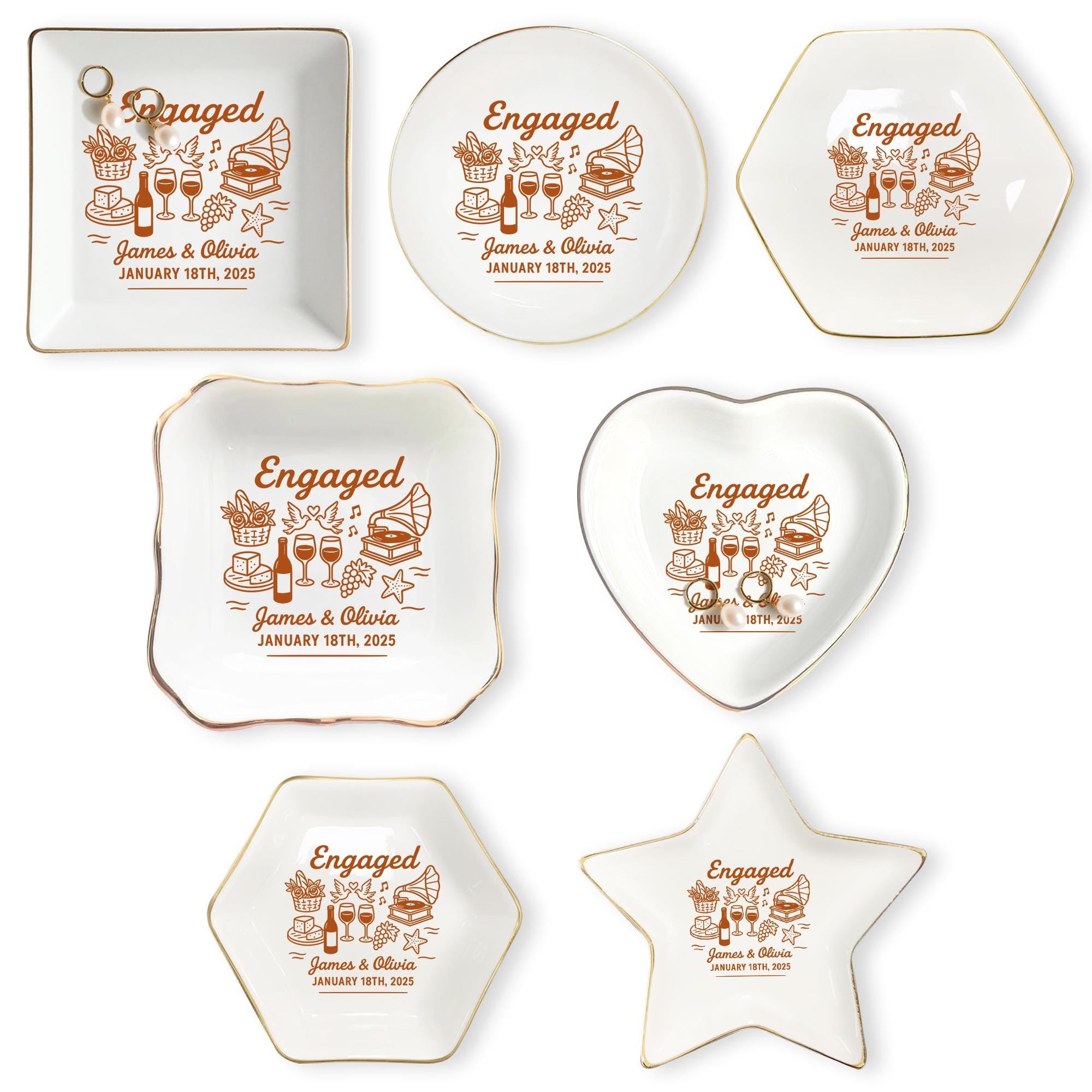 Personalized Engaged Jewelry Dish – Custom Name Ring Tray for Couples, Engagement Gift Keepsake