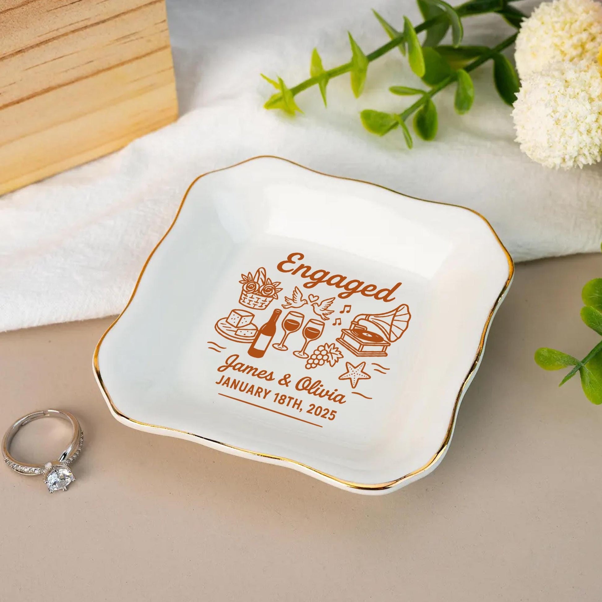 Personalized Engaged Jewelry Dish – Custom Name Ring Tray for Couples, Engagement Gift Keepsake