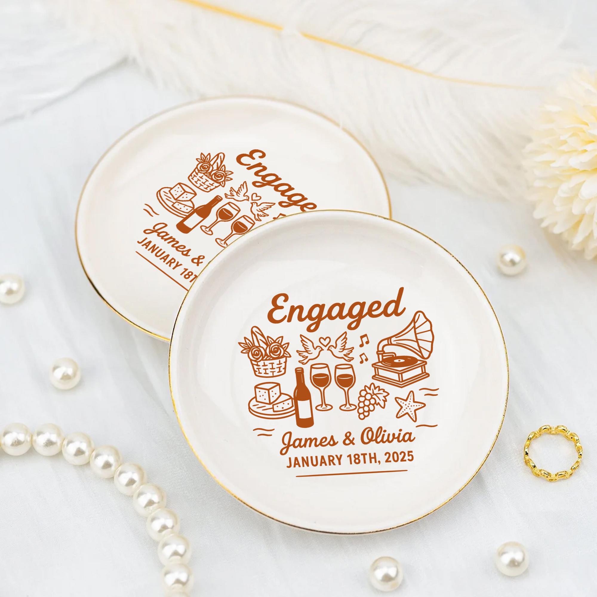 Personalized Engaged Jewelry Dish – Custom Name Ring Tray for Couples, Engagement Gift Keepsake