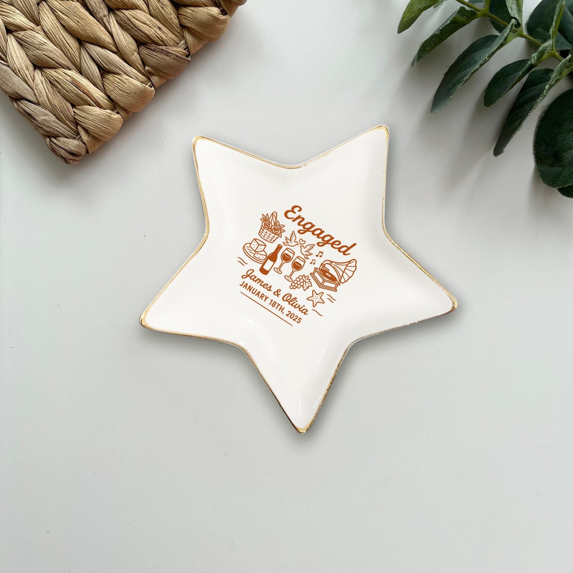 Personalized Engaged Jewelry Dish – Custom Name Ring Tray for Couples, Engagement Gift Keepsake