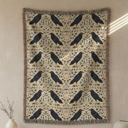 Crow Pattern Woven Blanket – Gothic Botanical Throw