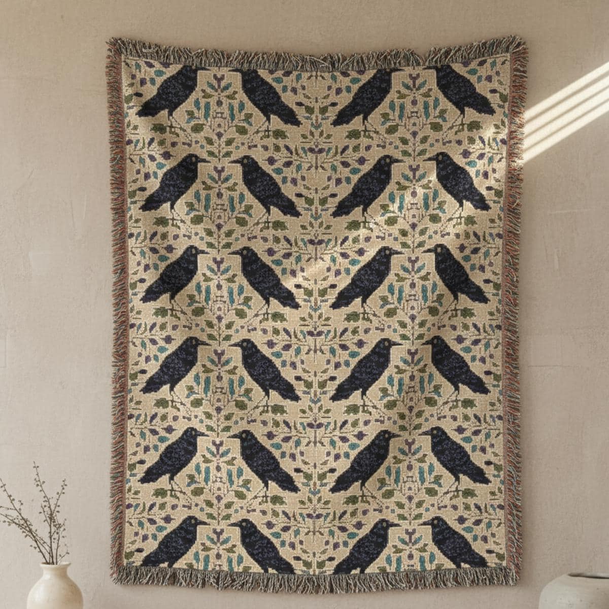 Crow Pattern Woven Blanket – Gothic Botanical Throw