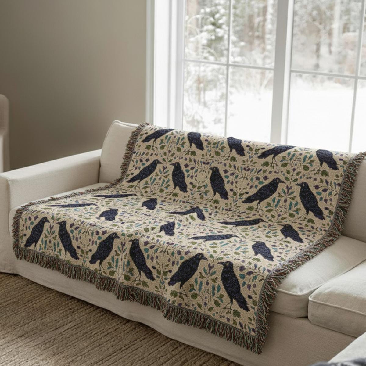 Crow Pattern Woven Blanket – Gothic Botanical Throw