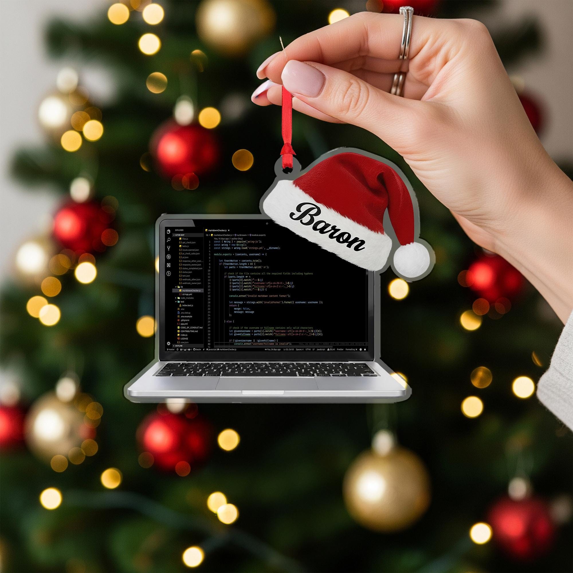 Custom Coder Ornament – Personalized Laptop & Santa Hat Holiday Gift for Programmers