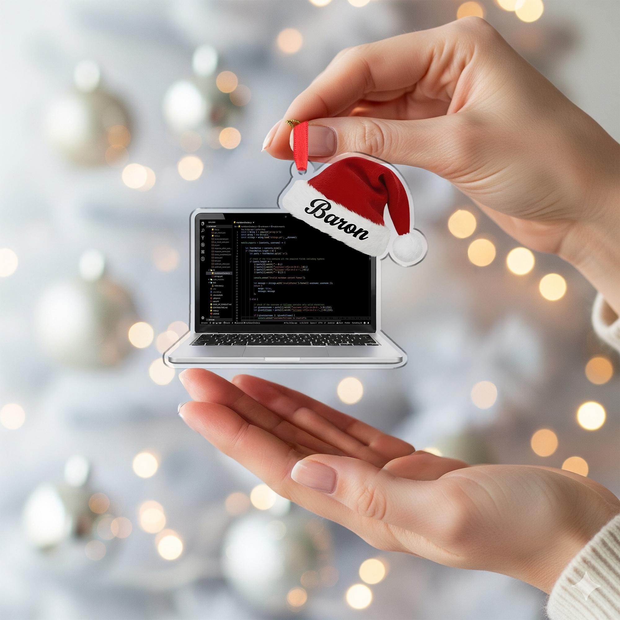 Custom Coder Ornament – Personalized Laptop & Santa Hat Holiday Gift for Programmers
