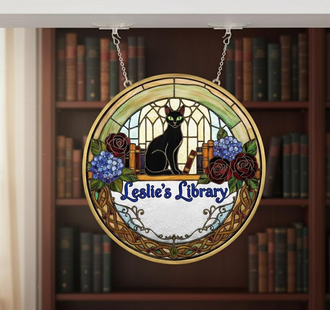 Custom Acrylic Wood Library Sign Personalized Suncatcher Bookshelf Hanging with Cat Design