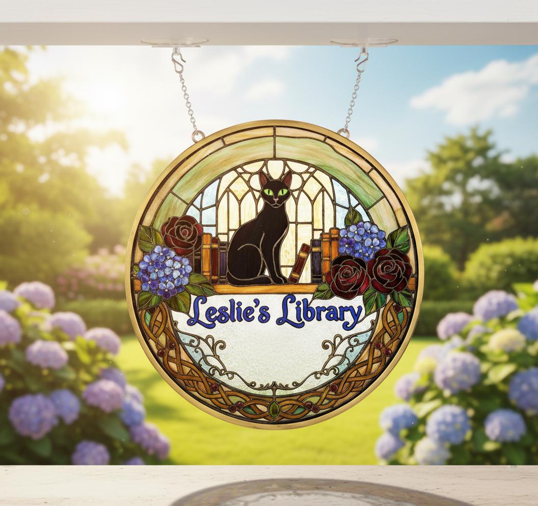 Custom Acrylic Wood Library Sign Personalized Suncatcher Bookshelf Hanging with Cat Design