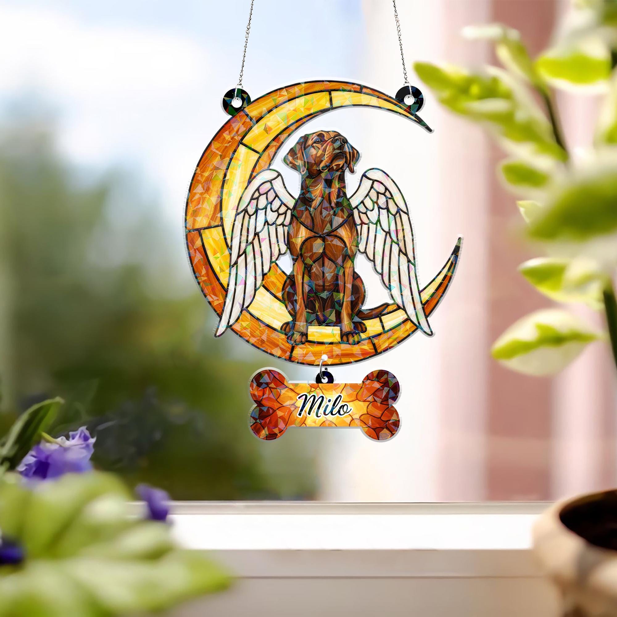 Custom Dog Memorial Hologram Decor | Angel Pet Suncatcher with Name Tag Hanging Piece