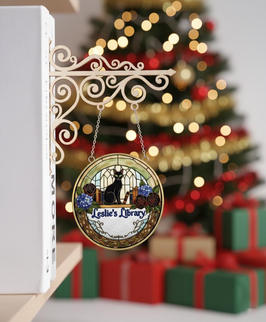 Custom Acrylic Wood Library Sign Personalized Suncatcher Bookshelf Hanging with Cat Design