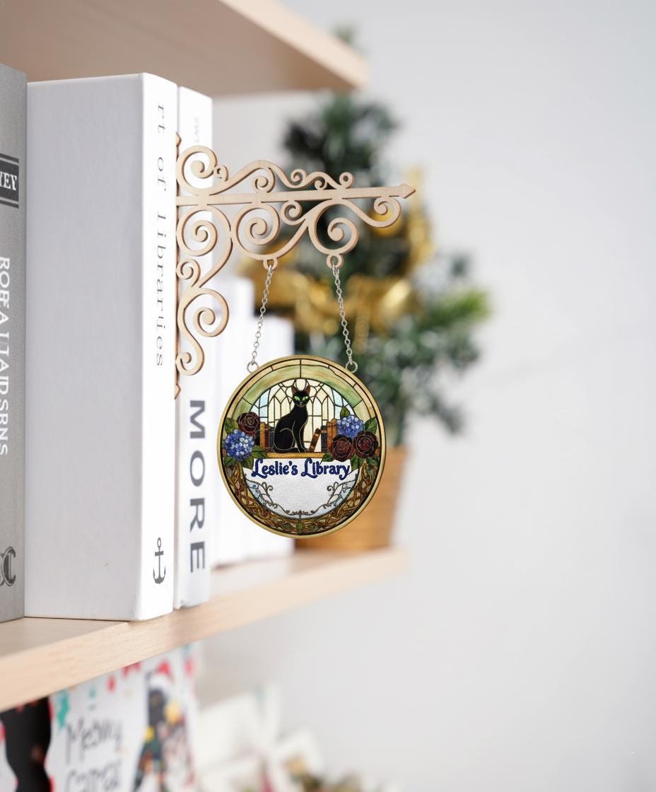 Custom Acrylic Wood Library Sign Personalized Suncatcher Bookshelf Hanging with Cat Design