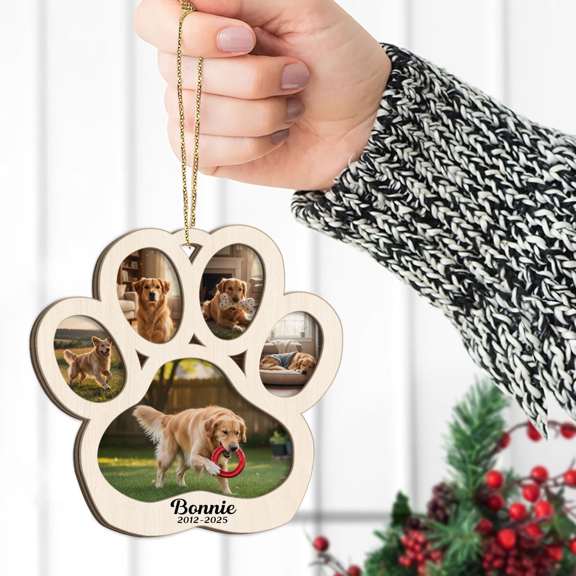 Personalized Pet Memorial Ornament – Custom 2-Layer Wood Paw Print Decoration with Photos and Name