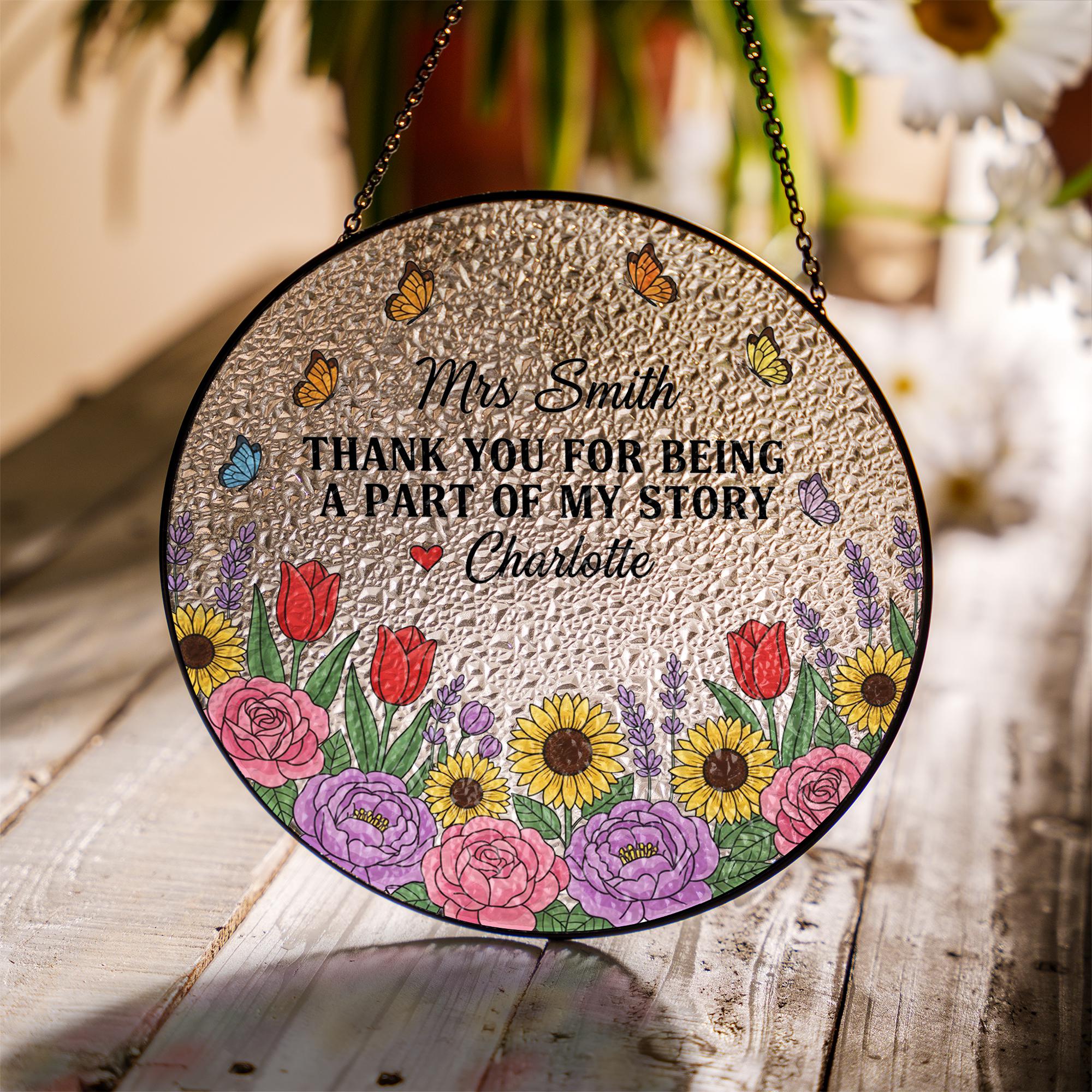 Personalized Glass Suncatcher – Round Floral Window Hanging with Teacher Name