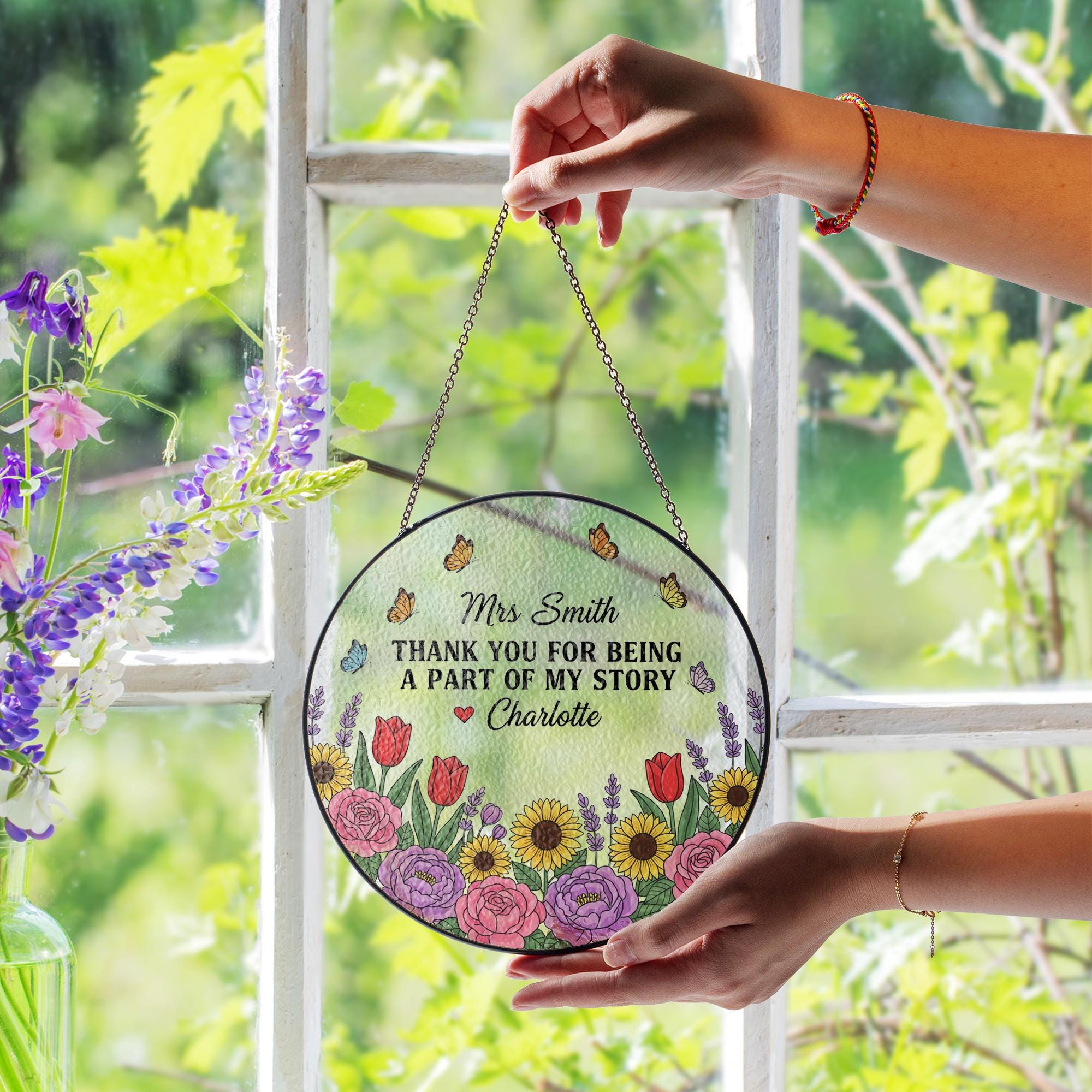 Personalized Glass Suncatcher – Round Floral Window Hanging with Teacher Name