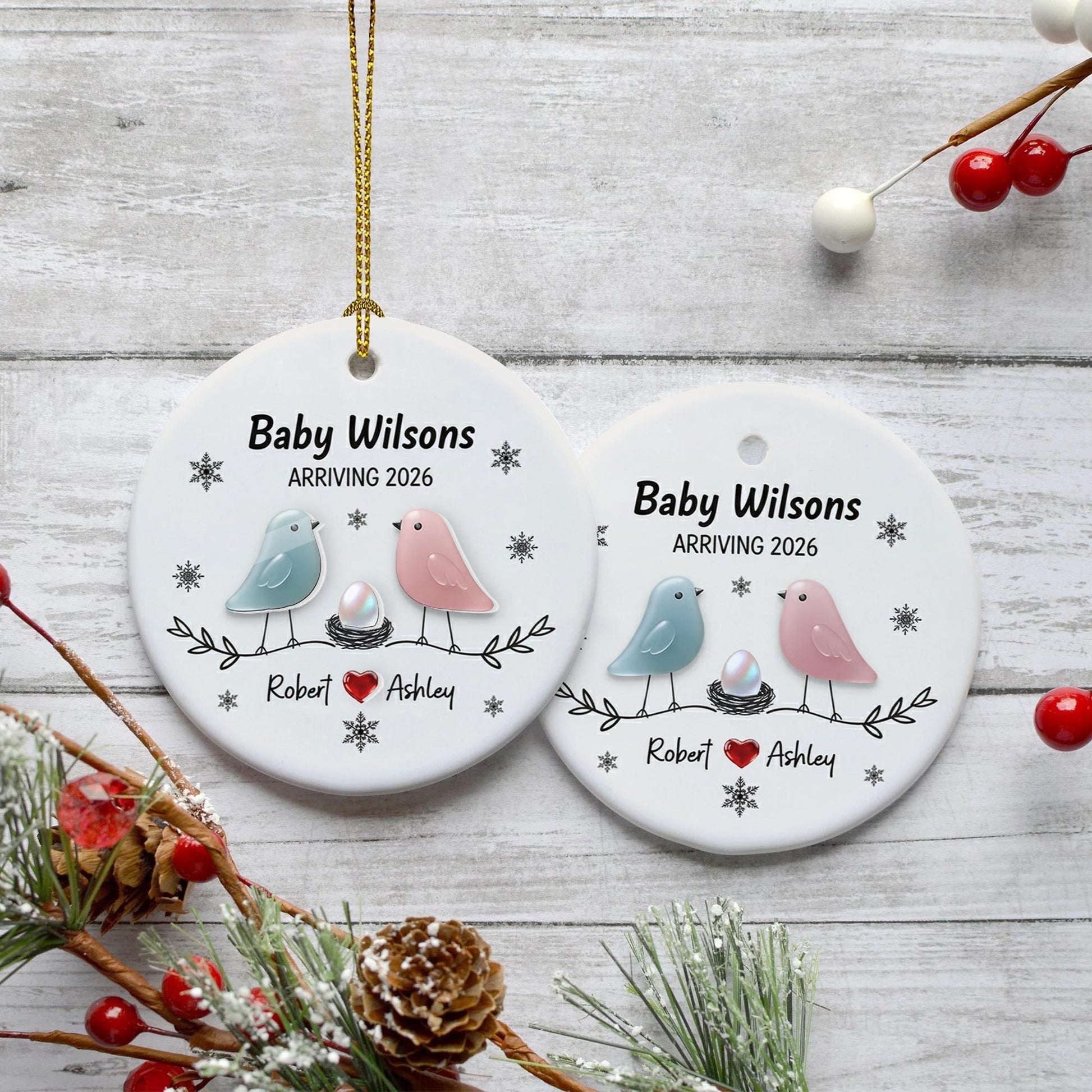 Personalized Baby Announcement Ornament: Custom Ceramic & Acrylic, Birds Design