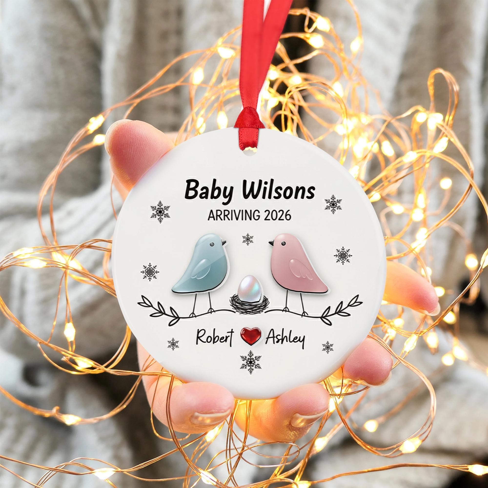 Personalized Baby Announcement Ornament: Custom Ceramic & Acrylic, Birds Design