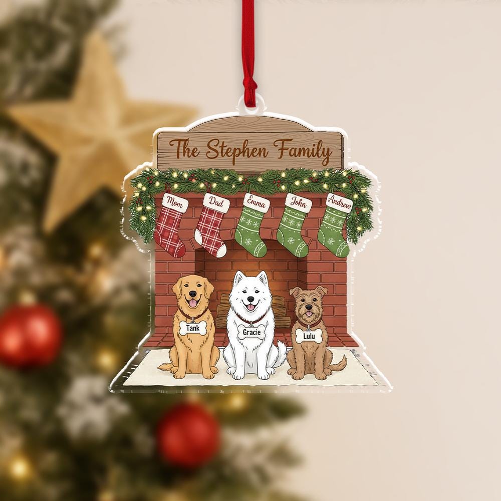 Personalized Family Fireplace Ornament – Custom Pet Christmas Ornament with Names