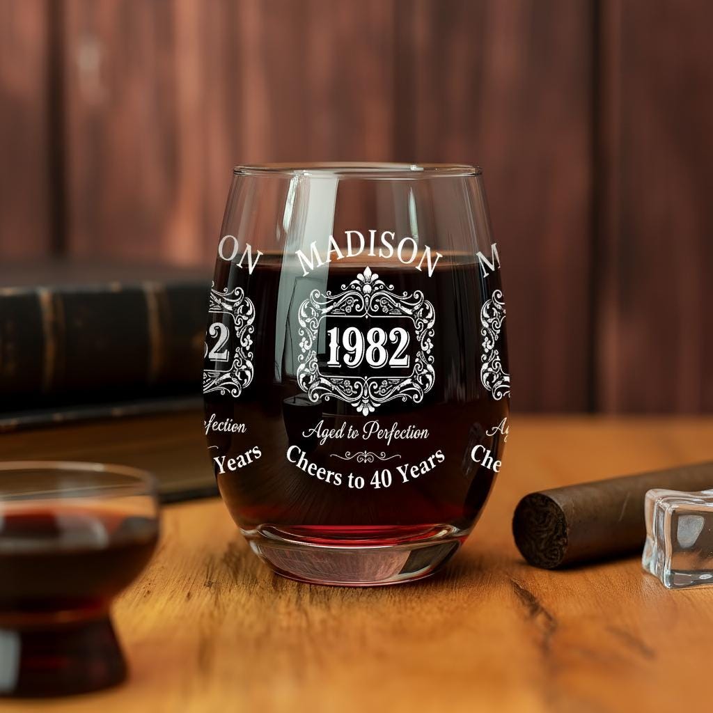 Custom Birth Year Wine Glass, Personalized Stemless Glass with Name and Age Design