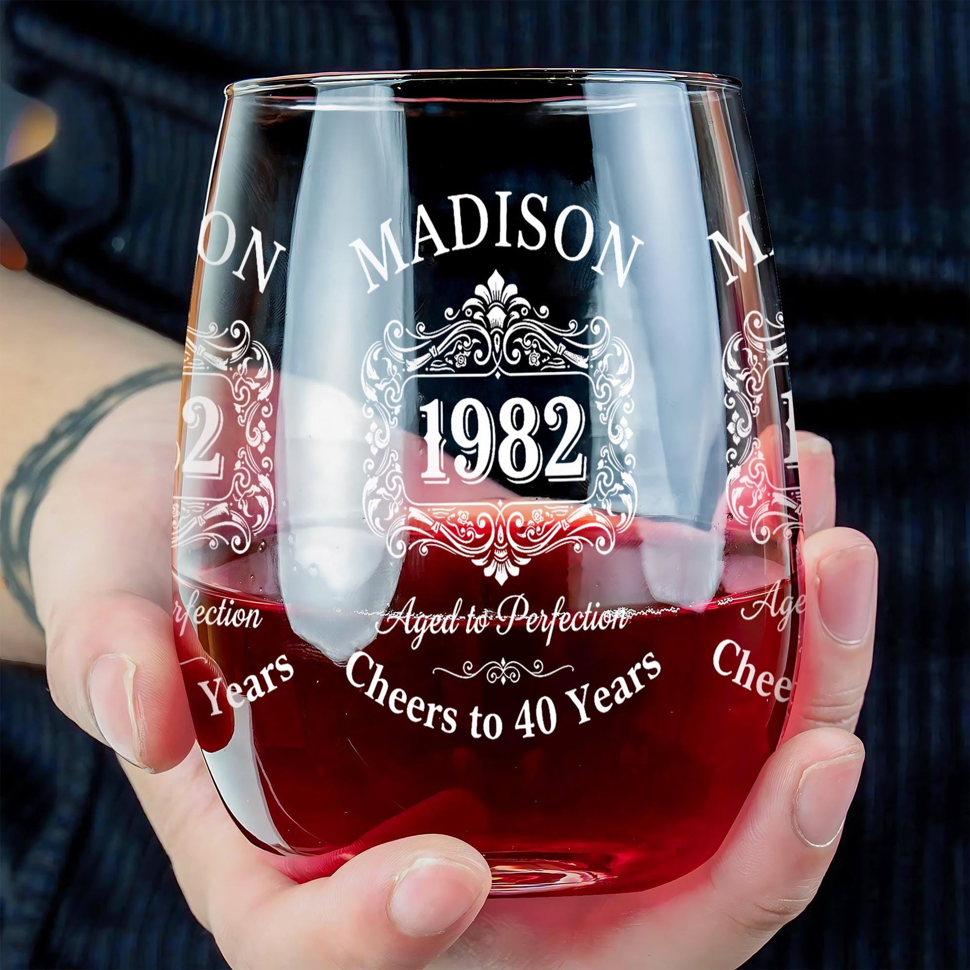 Custom Birth Year Wine Glass, Personalized Stemless Glass with Name and Age Design