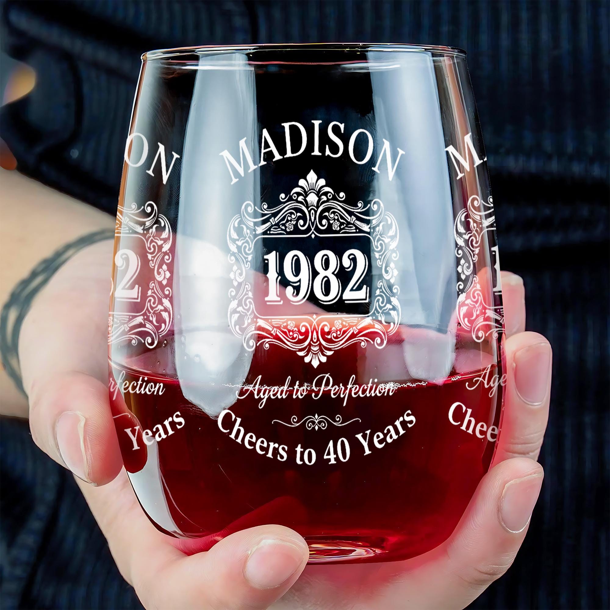 Custom Birth Year Wine Glass, Personalized Stemless Glass with Name and Age Design