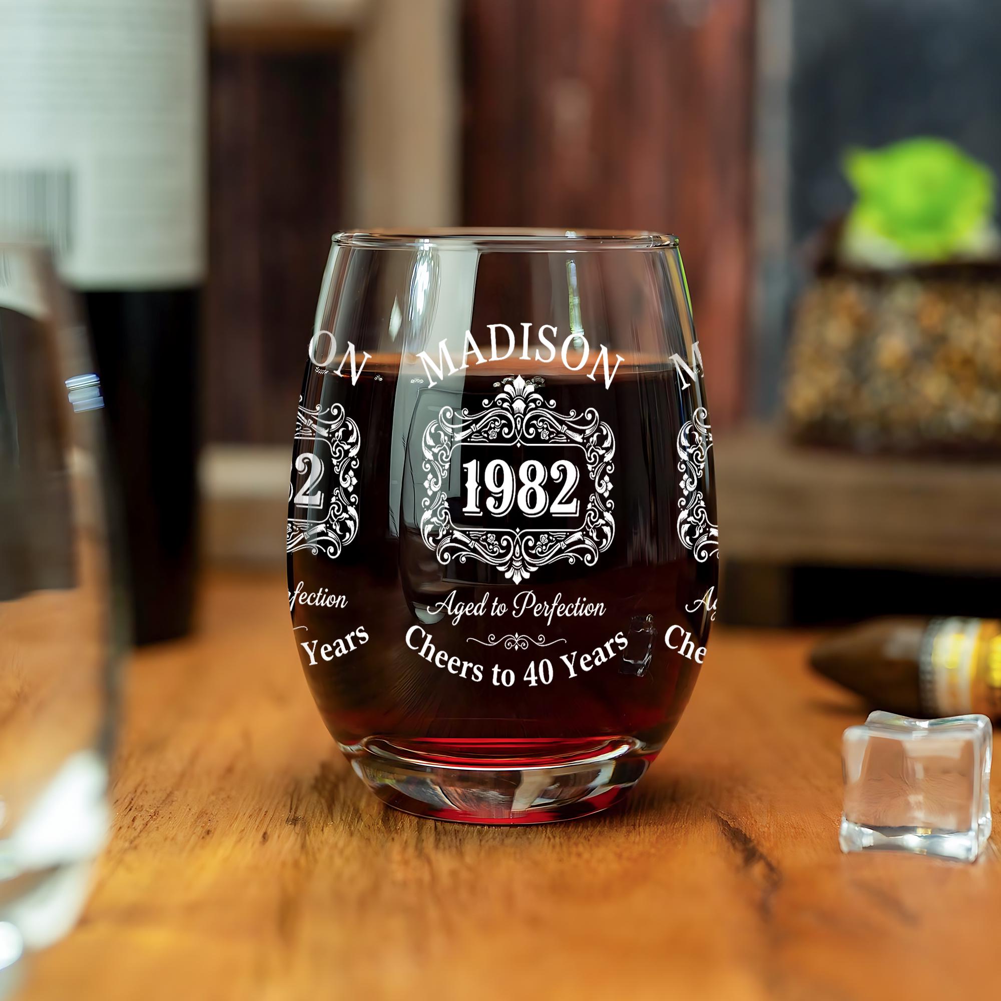Custom Birth Year Wine Glass, Personalized Stemless Glass with Name and Age Design