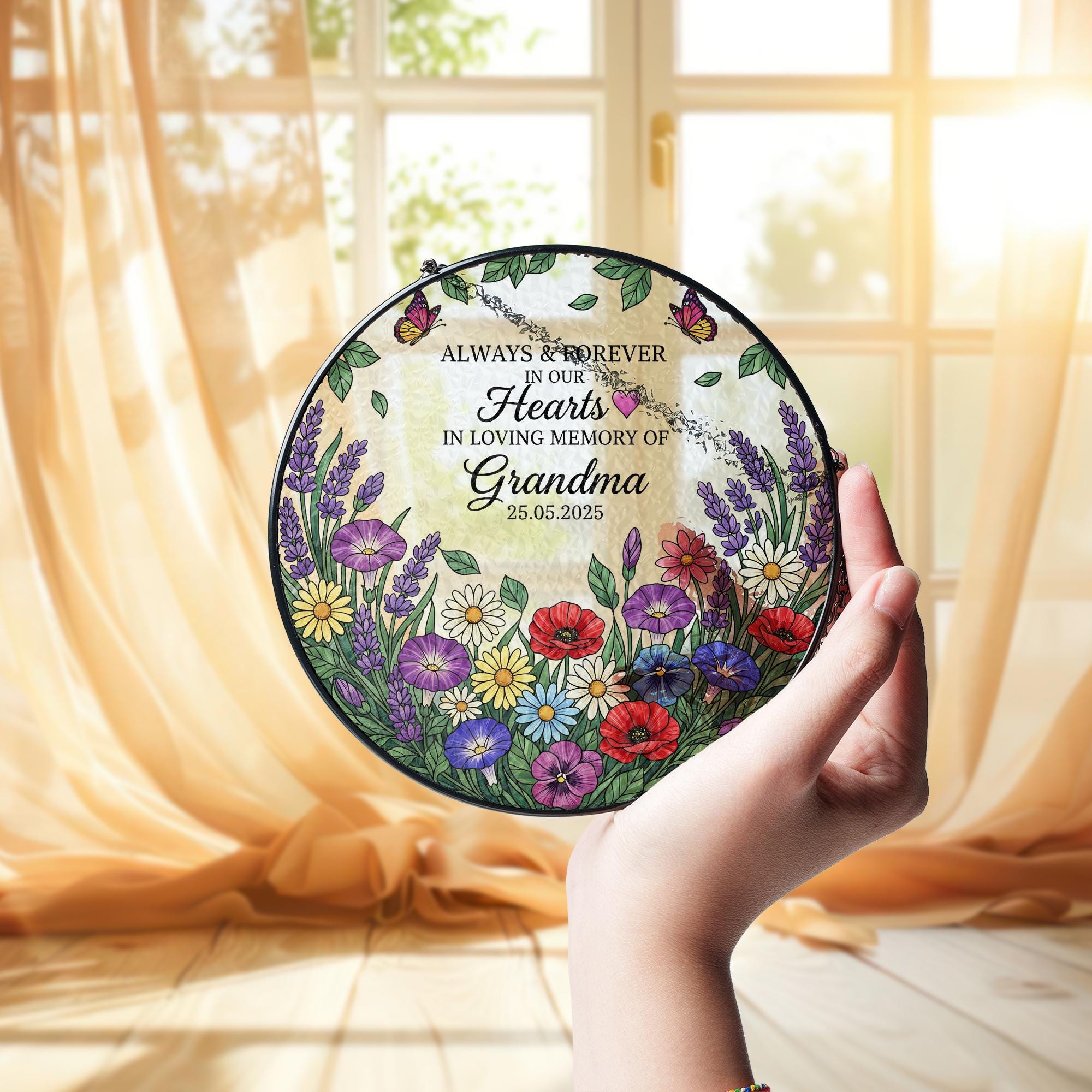 Personalized Flower Memorial Suncatcher – Round Glass Keepsake