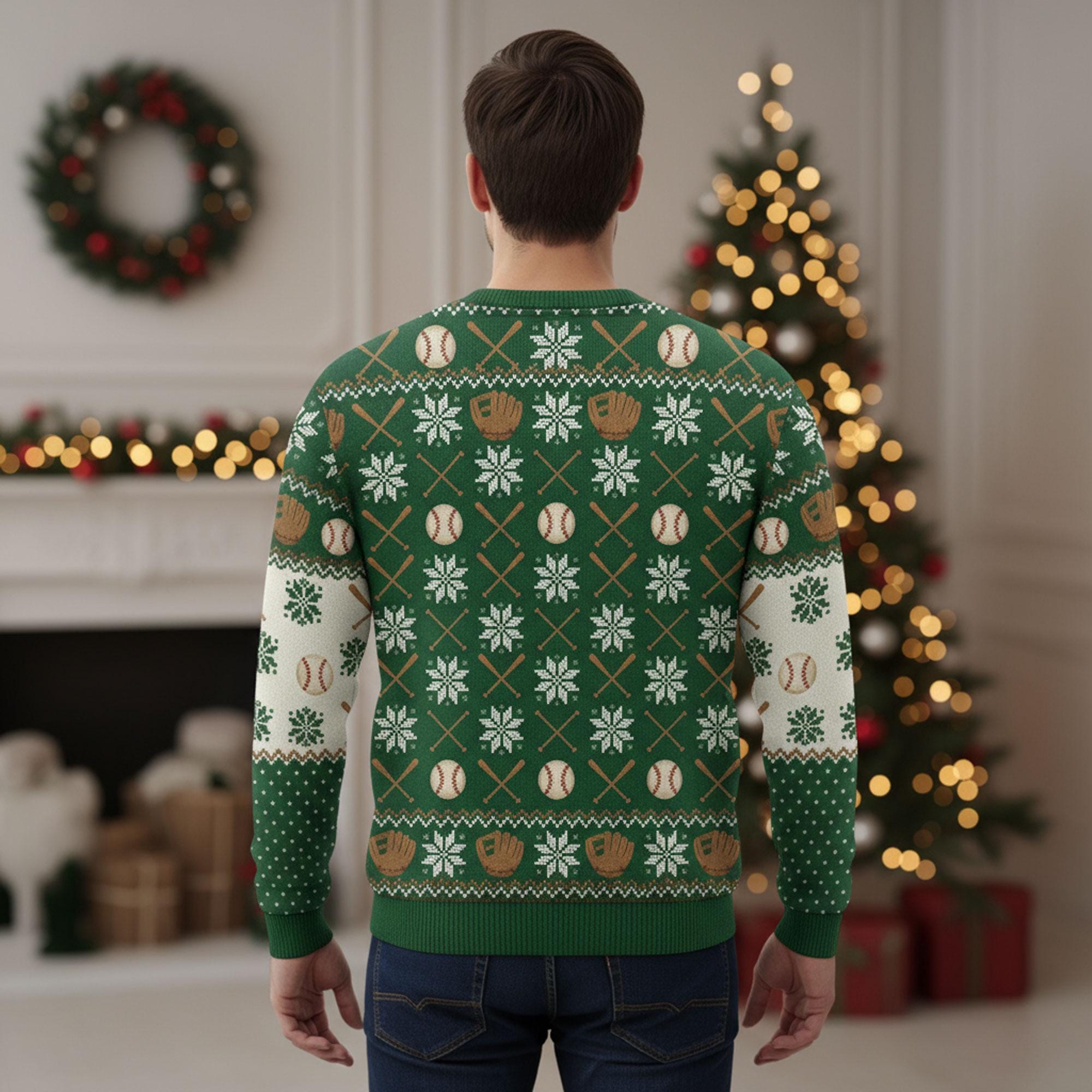 Custom Baseball Daddy’s Dream Team Sweater: All-Over Print Holiday Knit Pullover