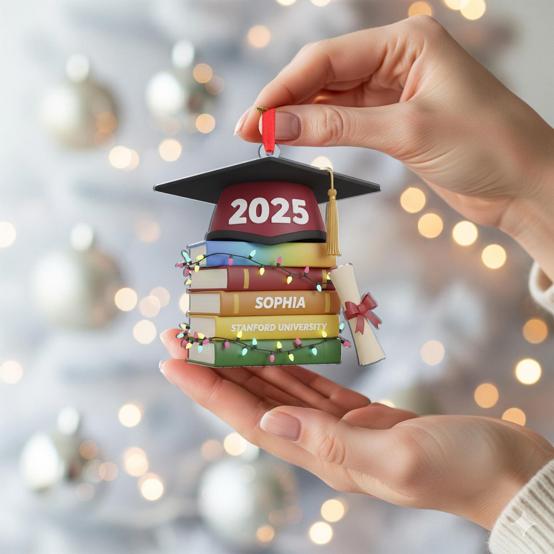 Personalized Graduation Ornament 2025, Custom Name and University on Stacked Books, Acrylic Keepsake Decoration