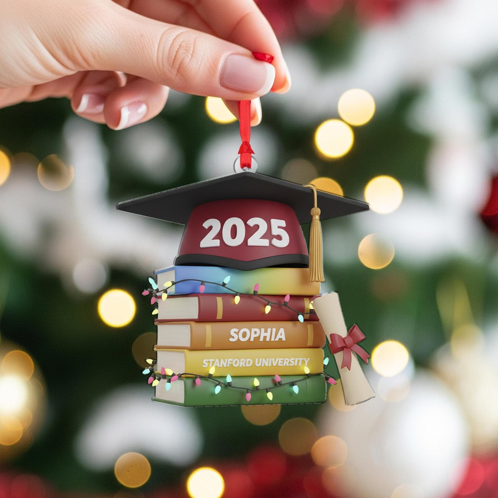Personalized Graduation Ornament 2025, Custom Name and University on Stacked Books, Acrylic Keepsake Decoration