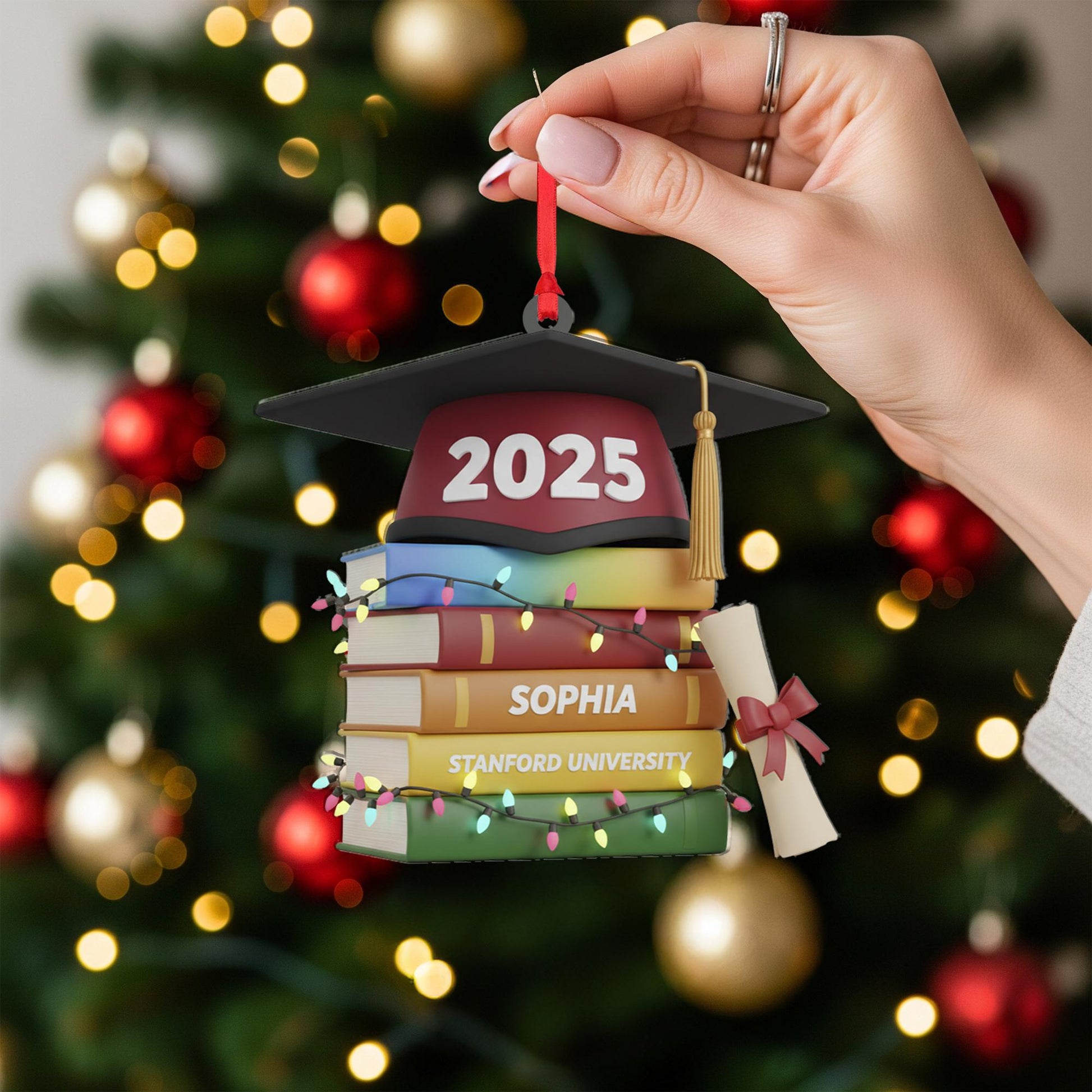 Personalized Graduation Ornament 2025, Custom Name and University on Stacked Books, Acrylic Keepsake Decoration