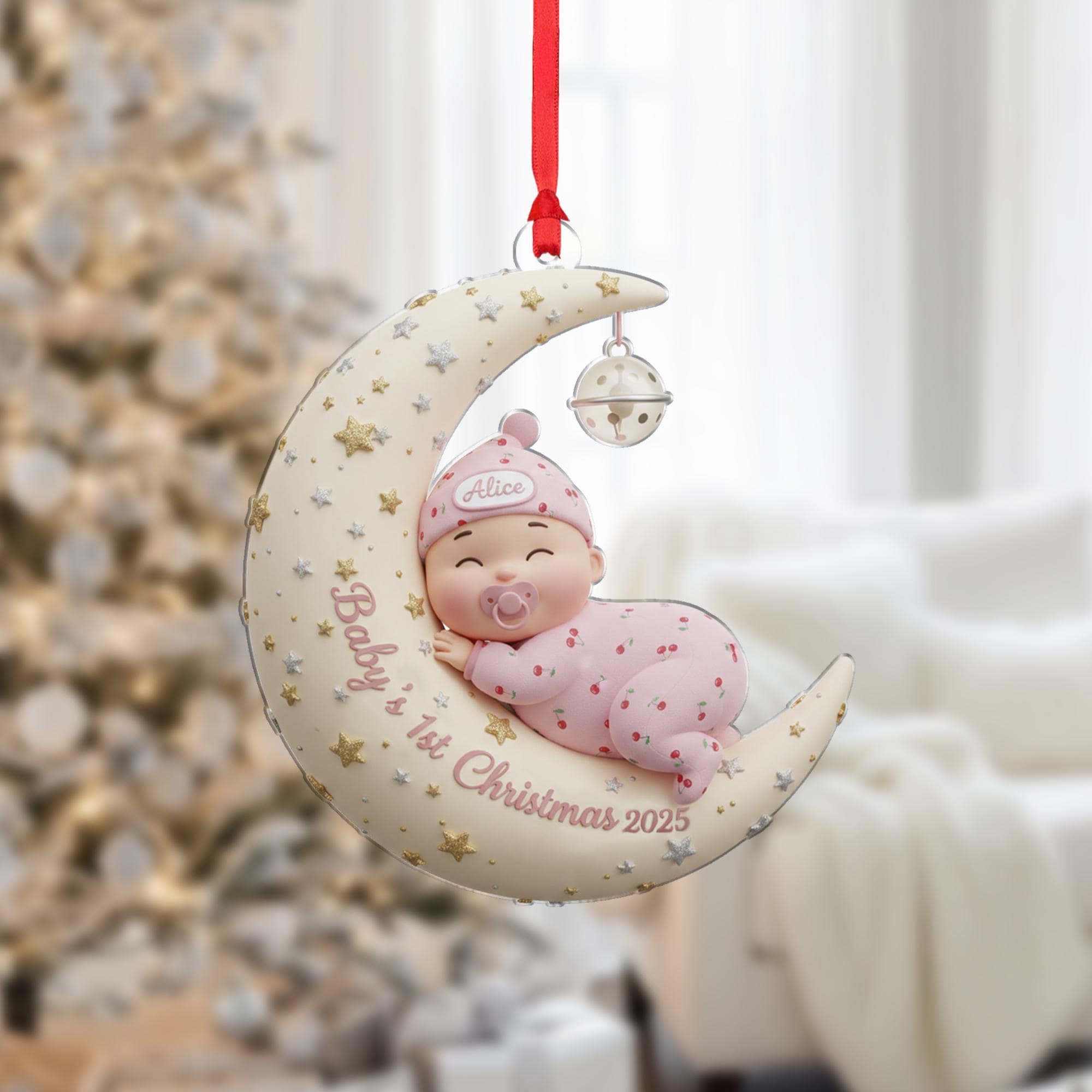 Personalized Baby's First Christmas Ornament: Sleeping Baby on Moon