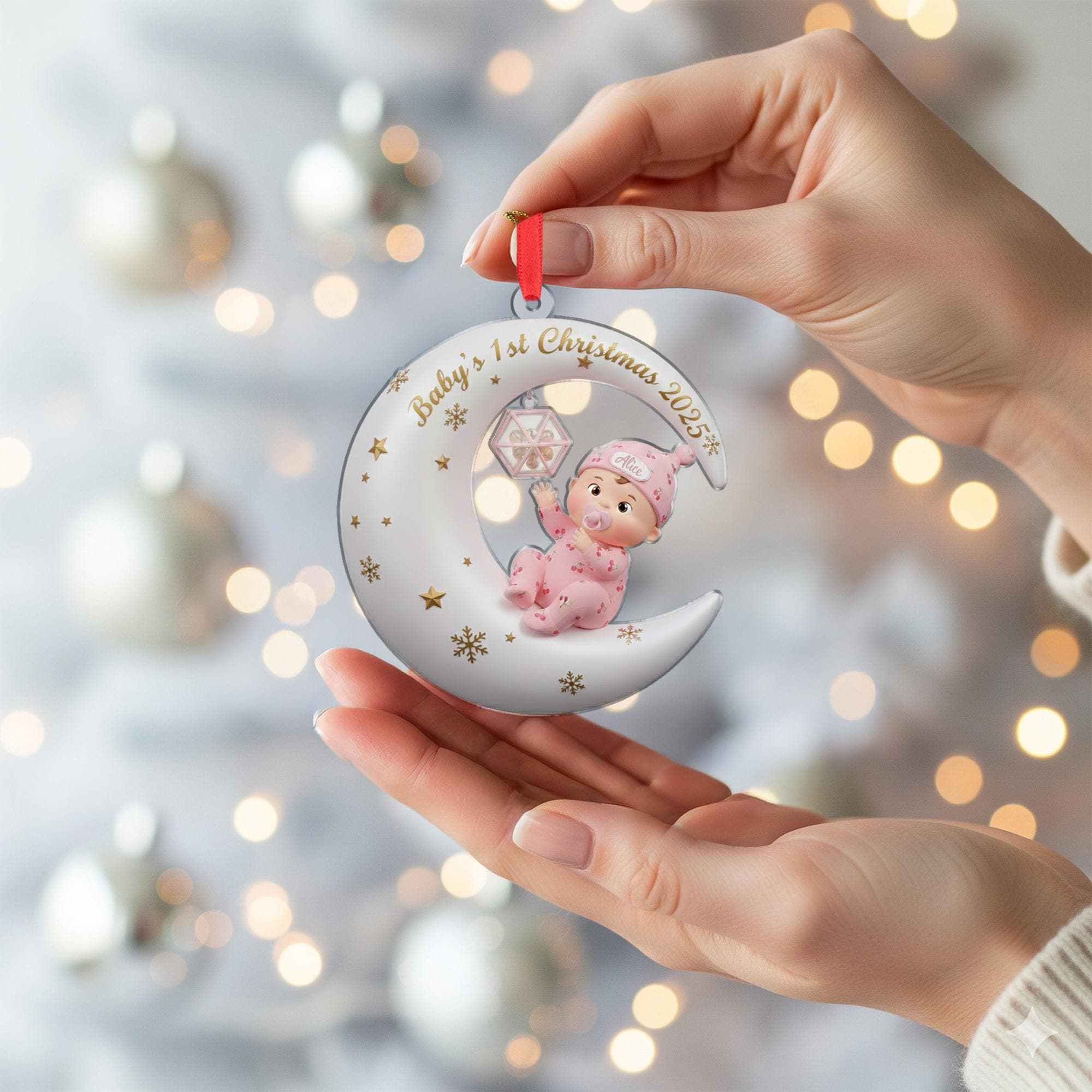 Personalized Baby's First Christmas Ornament: Sitting Baby on Moon, Acrylic Keepsake