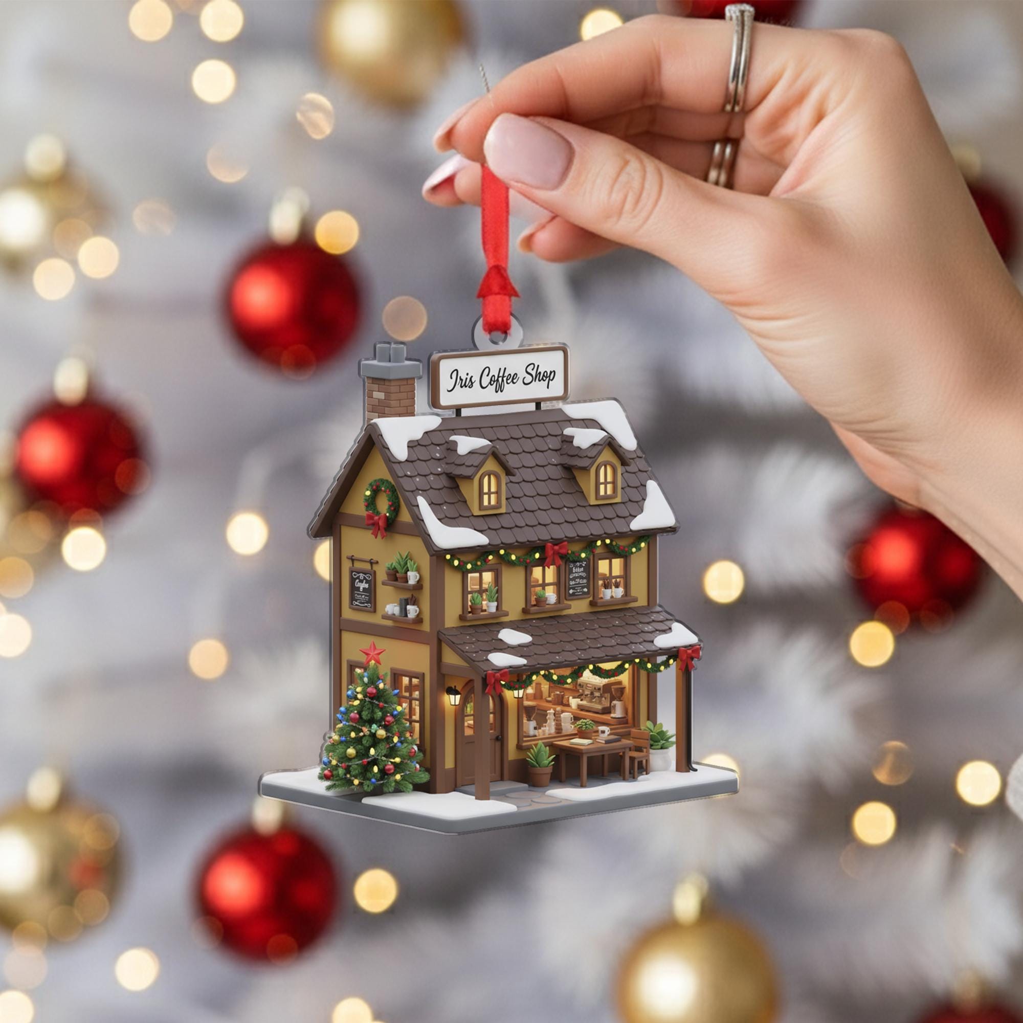 Personalized Coffee Shop Ornament, Custom Business Name Sign, Acrylic Christmas Cafe Keepsake, Storefront Decoration