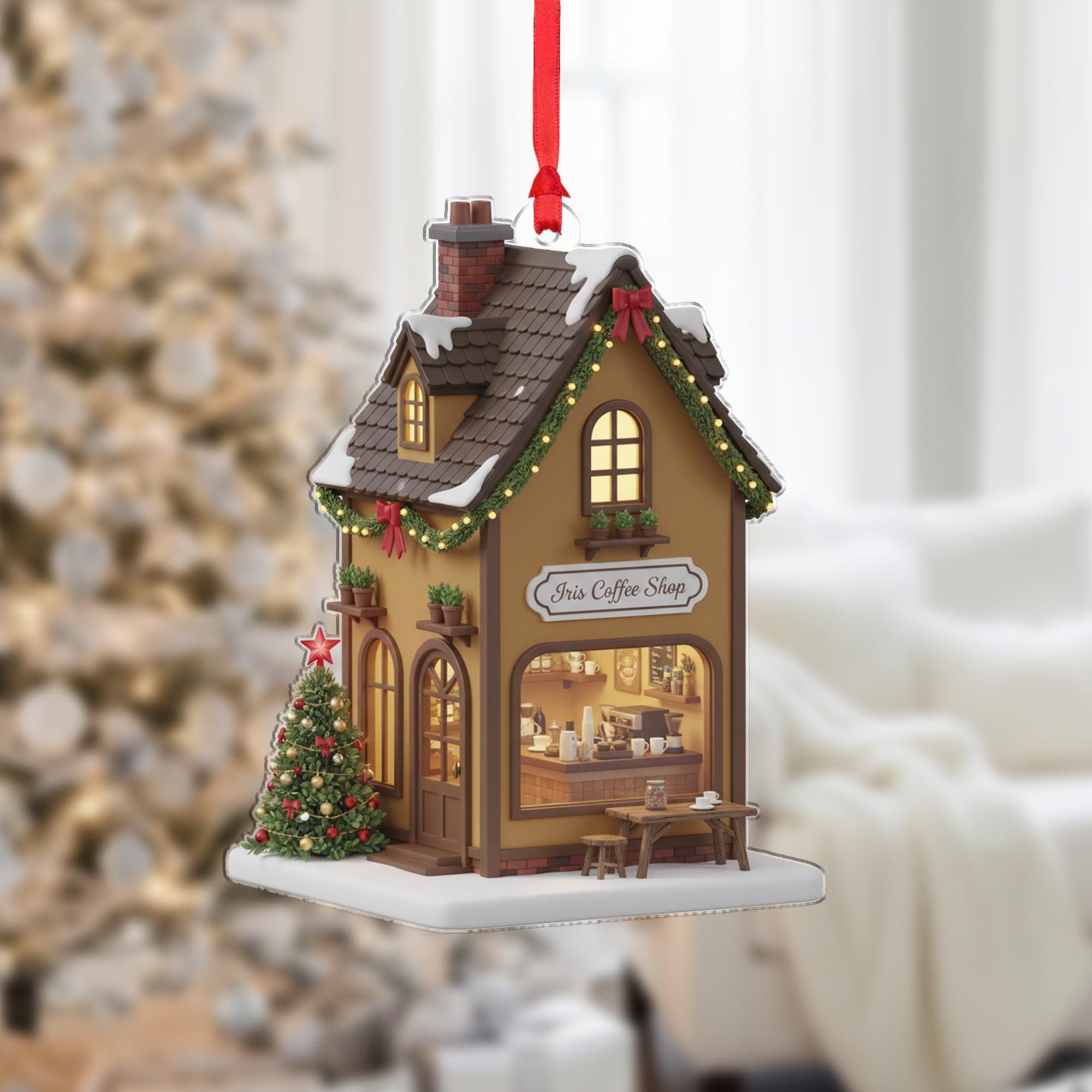 Personalized Coffee Shop Ornament, Custom Business Name Sign, Acrylic Christmas Cafe Keepsake, Storefront Decoration