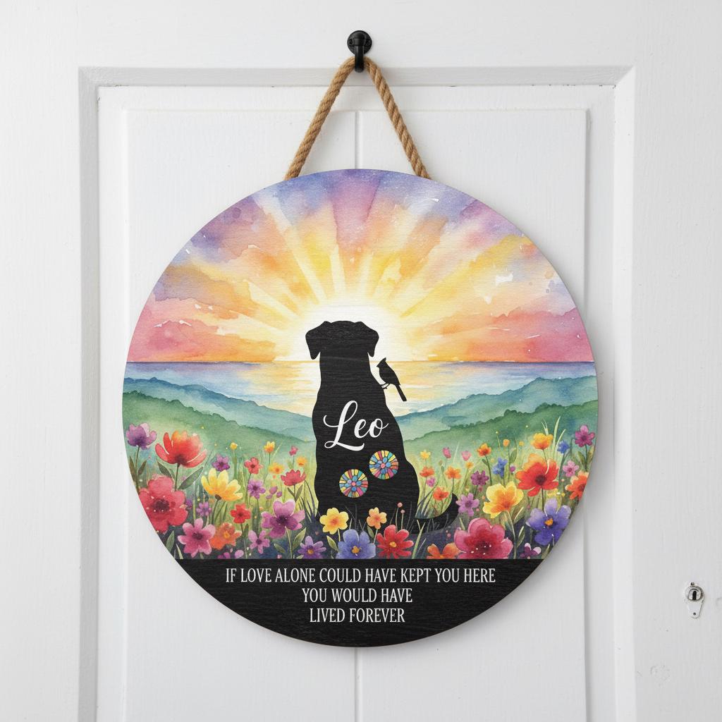 Personalized Dog Memorial Plaque: Watercolor Sunset Wooden Remembrance